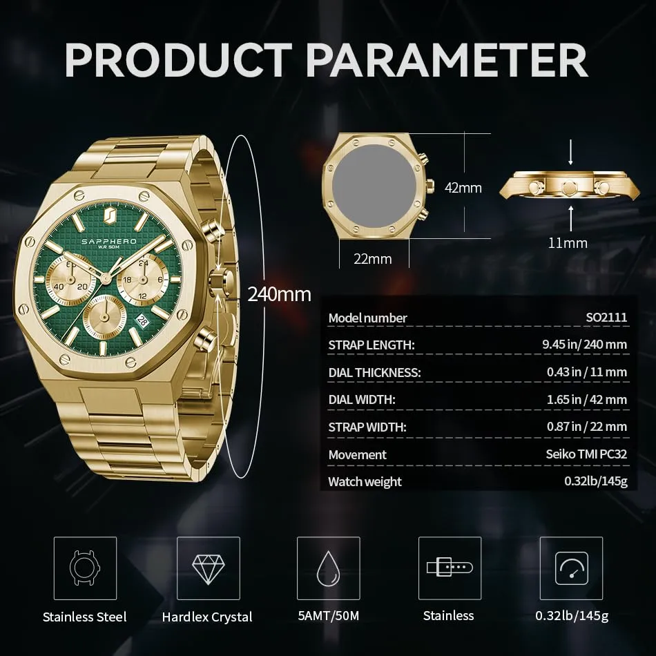 SAPPHERO Orologio da uomo in acciaio inossidabile, Movimento al quarzo giapponese, Oro/Verde - immagine 5
