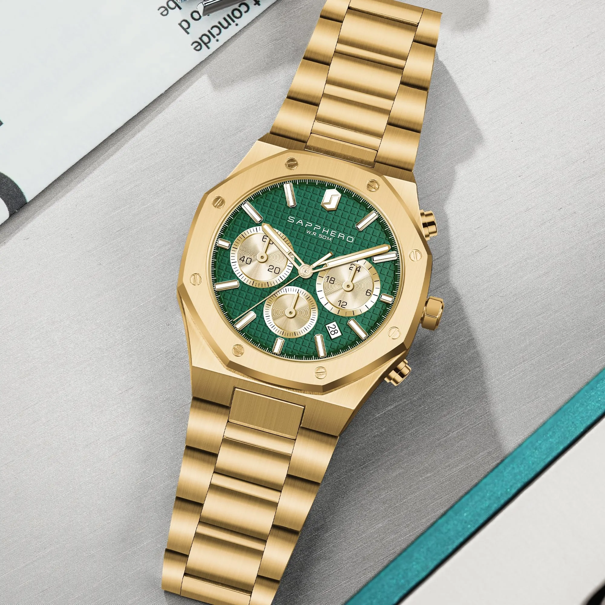SAPPHERO Orologio da uomo in acciaio inossidabile, Movimento al quarzo giapponese, Oro/Verde - immagine 6