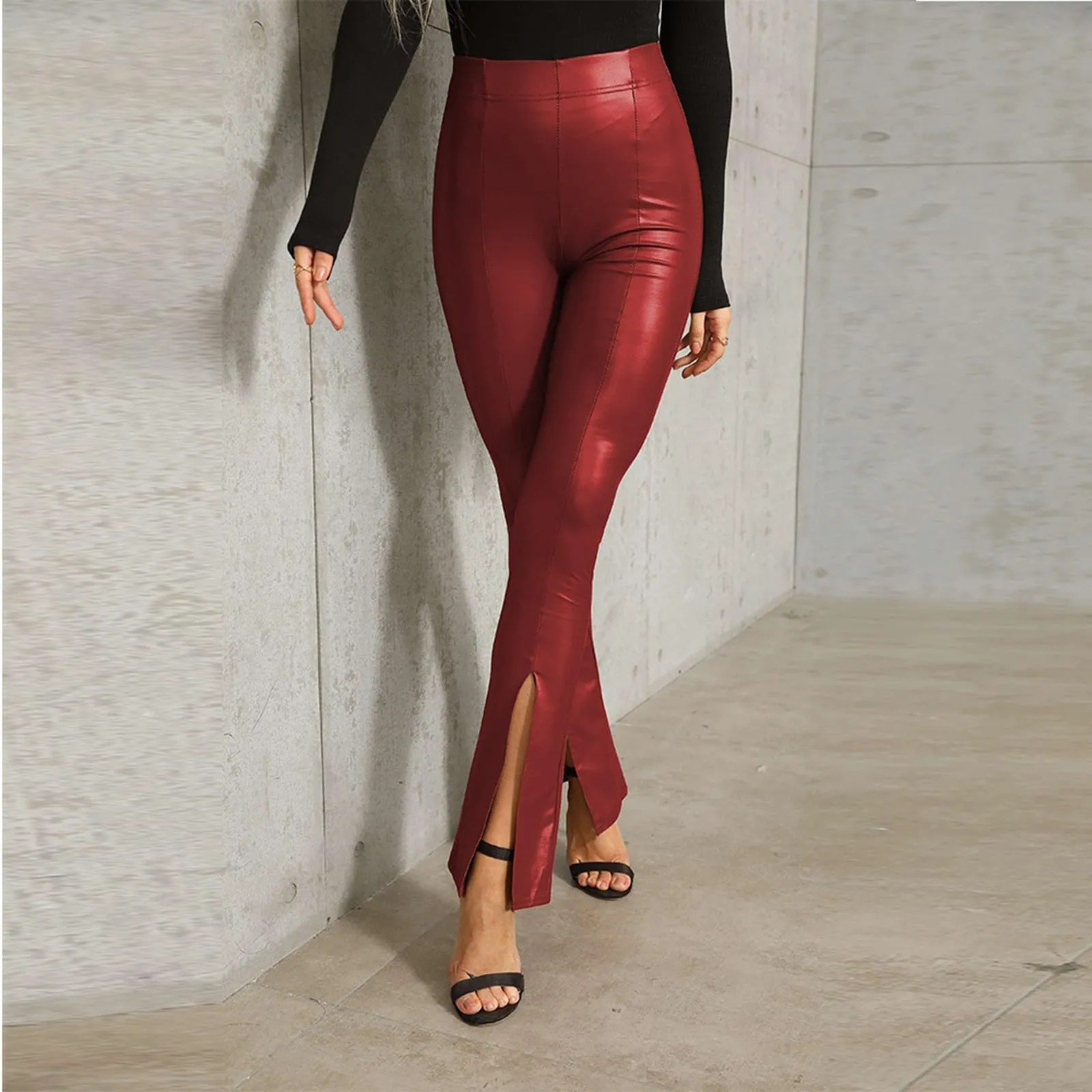 Duohropke Pantaloni Bootcut Donna a Vita Alta Effetto Pelle in Poliuretano - immagine 2