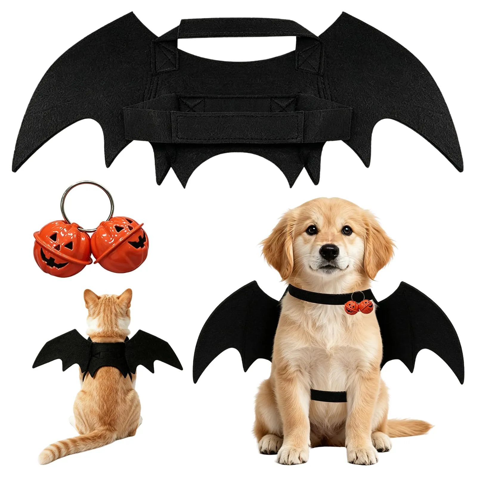 Aixxikum Costume di Halloween per Cane e Gatto con Ali da Pipistrello e Campanellini a Zucca, Taglia M - immagine 1