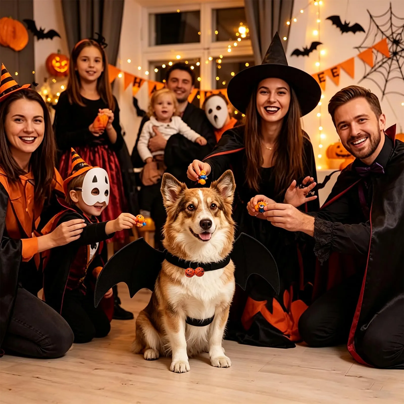 Aixxikum Costume di Halloween per Cane e Gatto con Ali da Pipistrello e Campanellini a Zucca, Taglia M - immagine 5