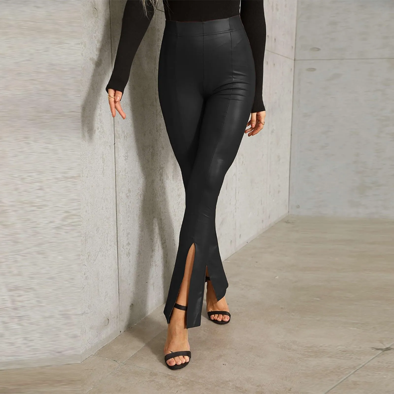 Duohropke Pantaloni Donna Bootcut Effetto Pelle Vita Alta - immagine 2