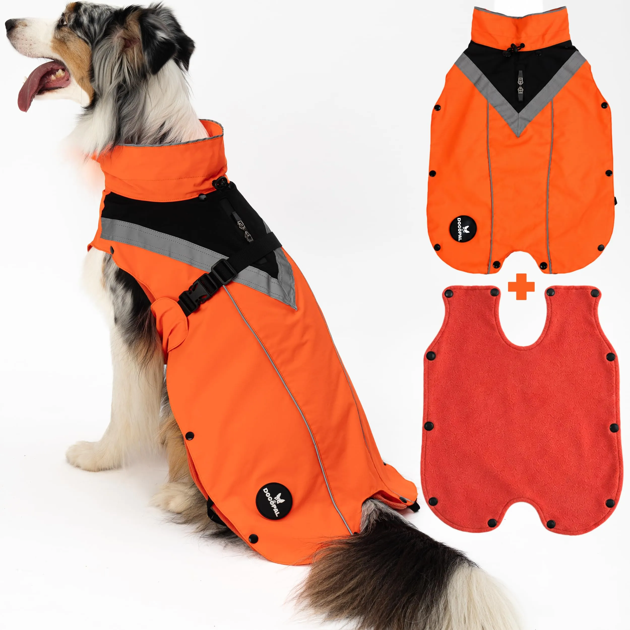 DOGOPAL Cappotto Impermeabile per Cani 2in1 All Weather con Fodera in Pile Rimovibile e Catarifrangente (Arancione, L) - immagine 1
