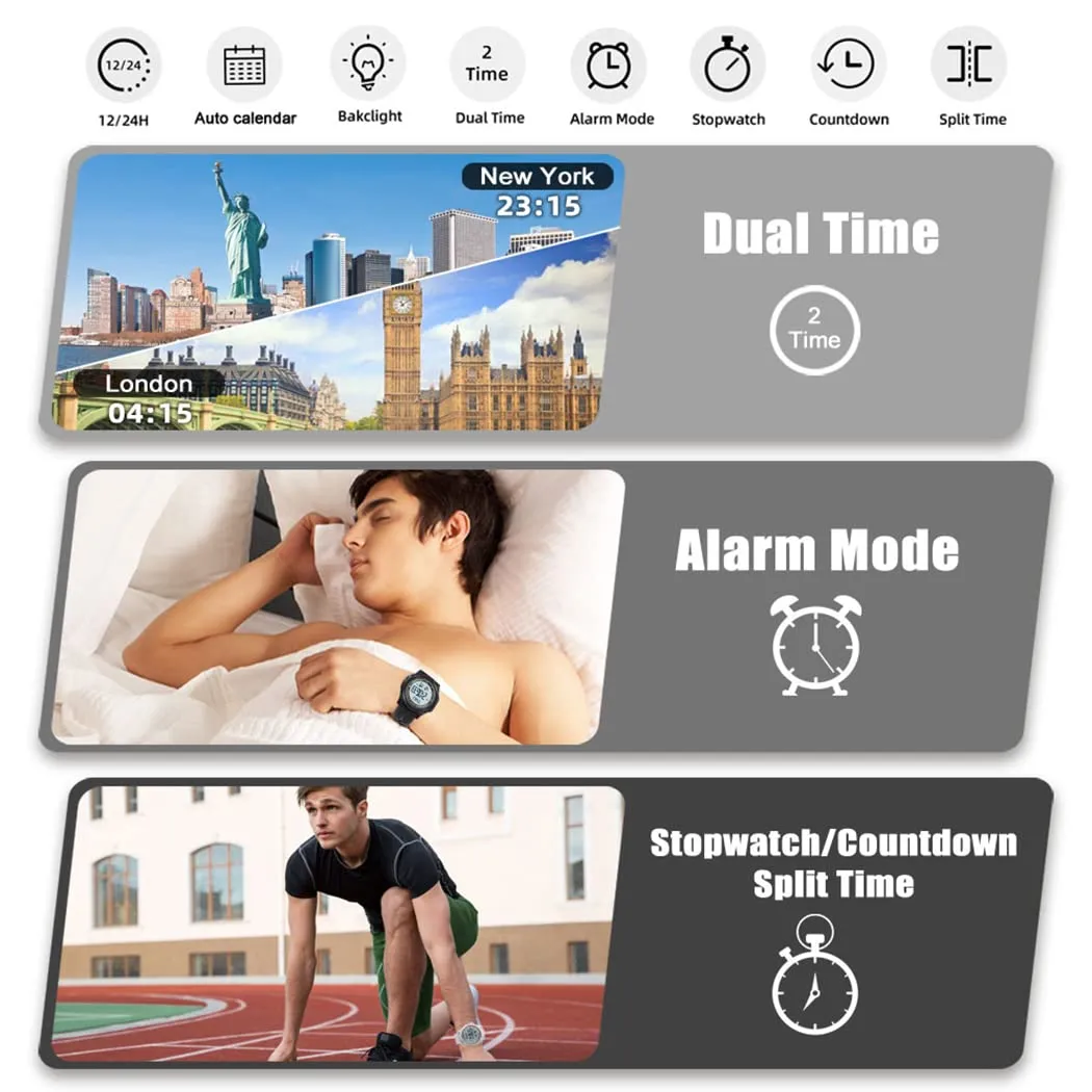 WIFORT Orologio Digitale Sportivo Unisex Impermeabile 5ATM con LED, Cronometro, Sveglia e Timer, Ultra-sottile AW02 - immagine 3