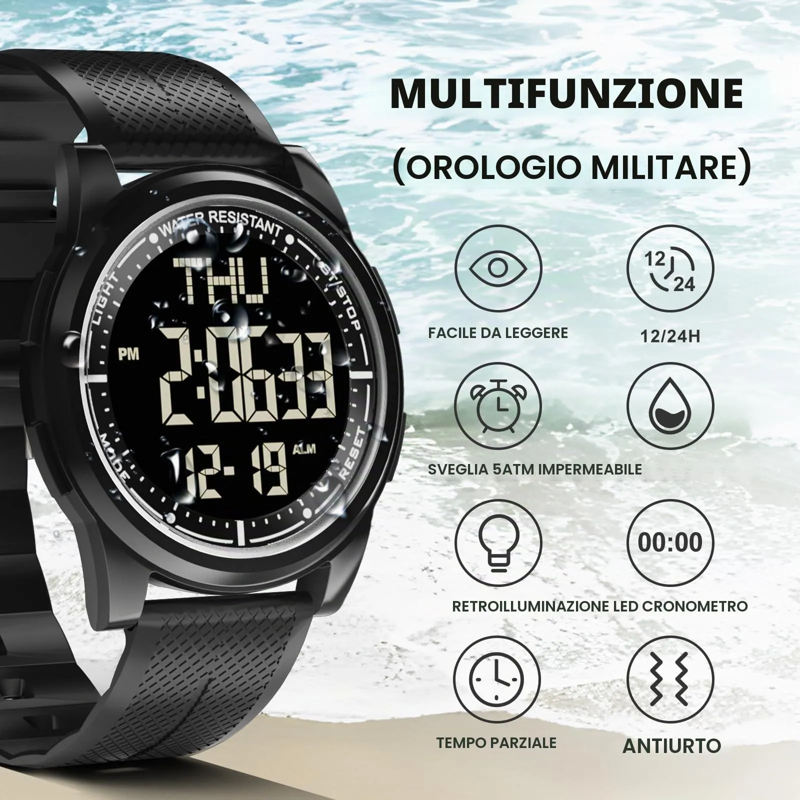 WIFORT Reloj Digital para Hombre y Mujer, 5ATM Impermeable, Cronómetro, Cuenta Regresiva, Alarma, Zona Horaria Dual, Ultra Delgado, Metal, AW02-2 - immagine 2