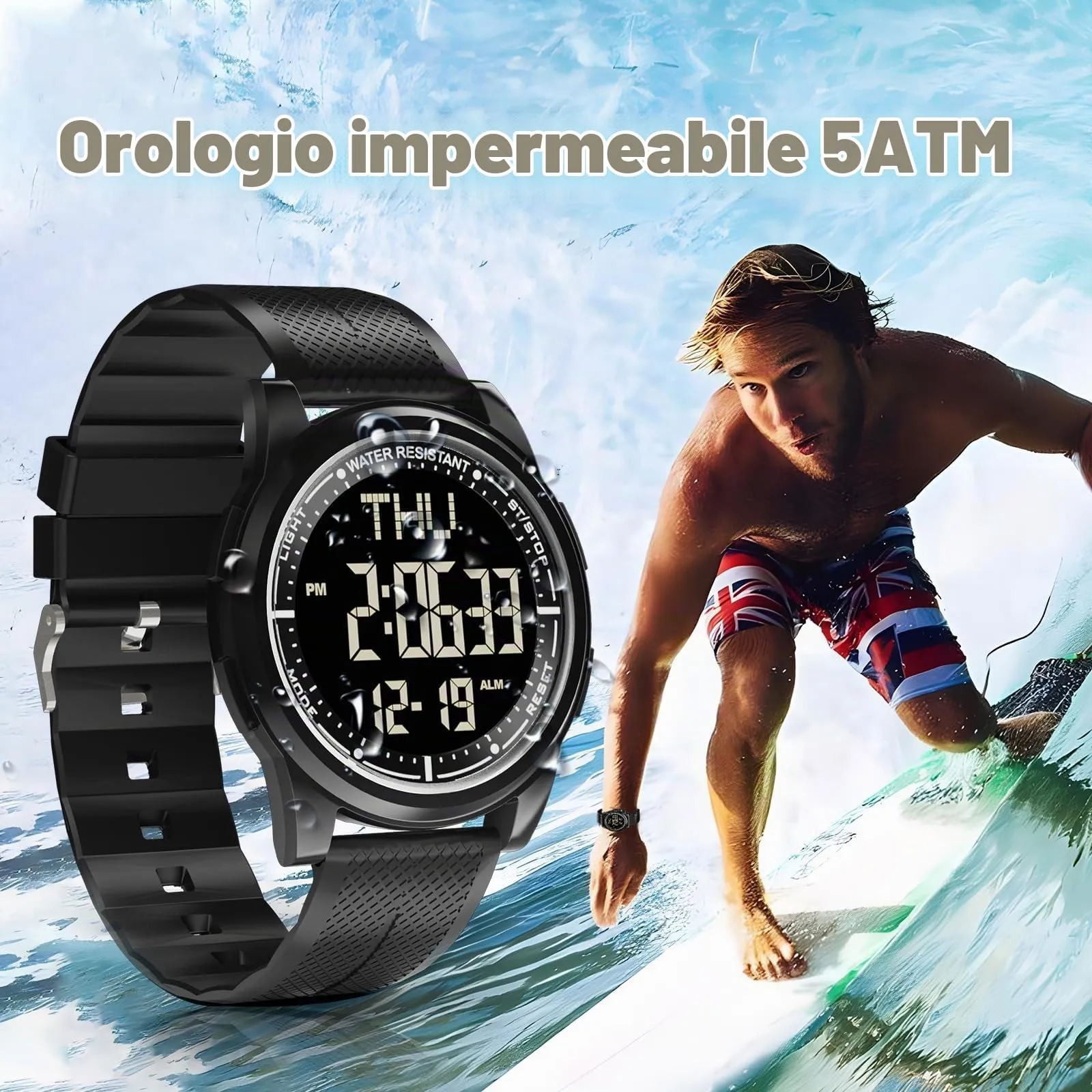 WIFORT Reloj Digital para Hombre y Mujer, 5ATM Impermeable, Cronómetro, Cuenta Regresiva, Alarma, Zona Horaria Dual, Ultra Delgado, Metal, AW02-2 - immagine 4