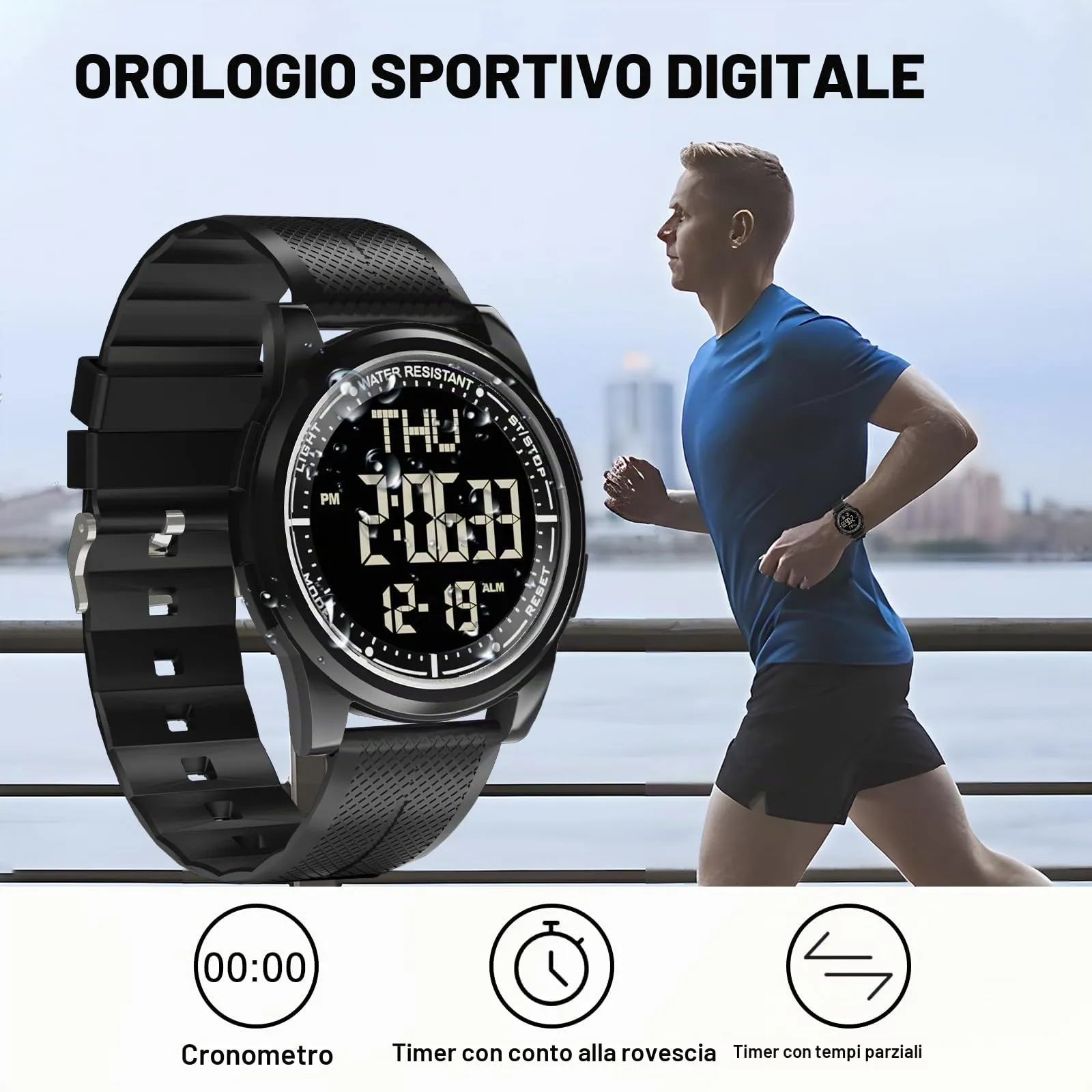 WIFORT Reloj Digital para Hombre y Mujer, 5ATM Impermeable, Cronómetro, Cuenta Regresiva, Alarma, Zona Horaria Dual, Ultra Delgado, Metal, AW02-2 - immagine 6