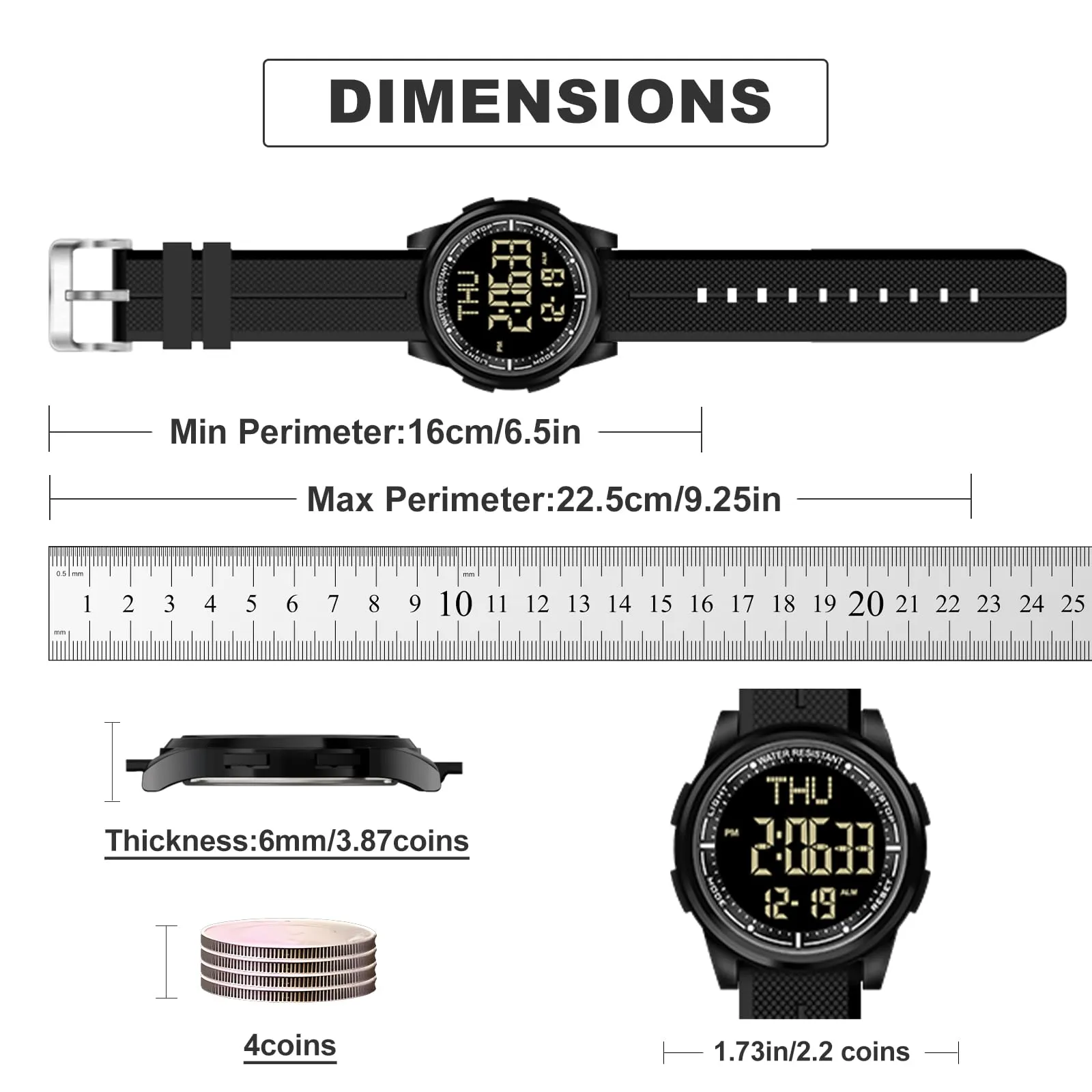WIFORT Reloj Digital para Hombre y Mujer, 5ATM Impermeable, Cronómetro, Cuenta Regresiva, Alarma, Zona Horaria Dual, Ultra Delgado, Metal, AW02-2 - immagine 7