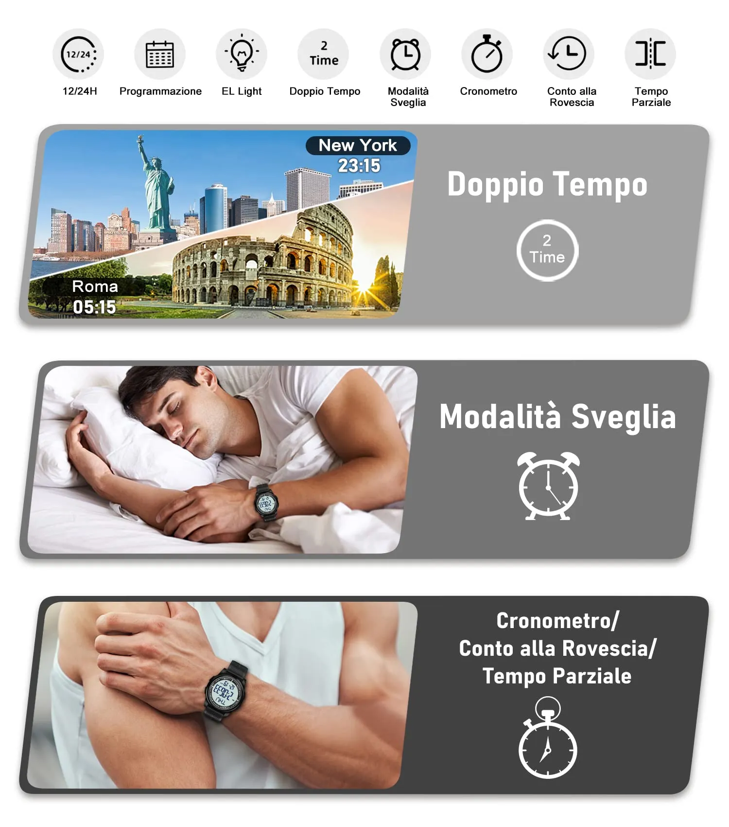 WIFORT Metal Digital Watch for Men and Women, 5ATM Waterproof, Chronograph, Countdown, Alarm, Dual Time Zone, Ultra Slim - immagine 3