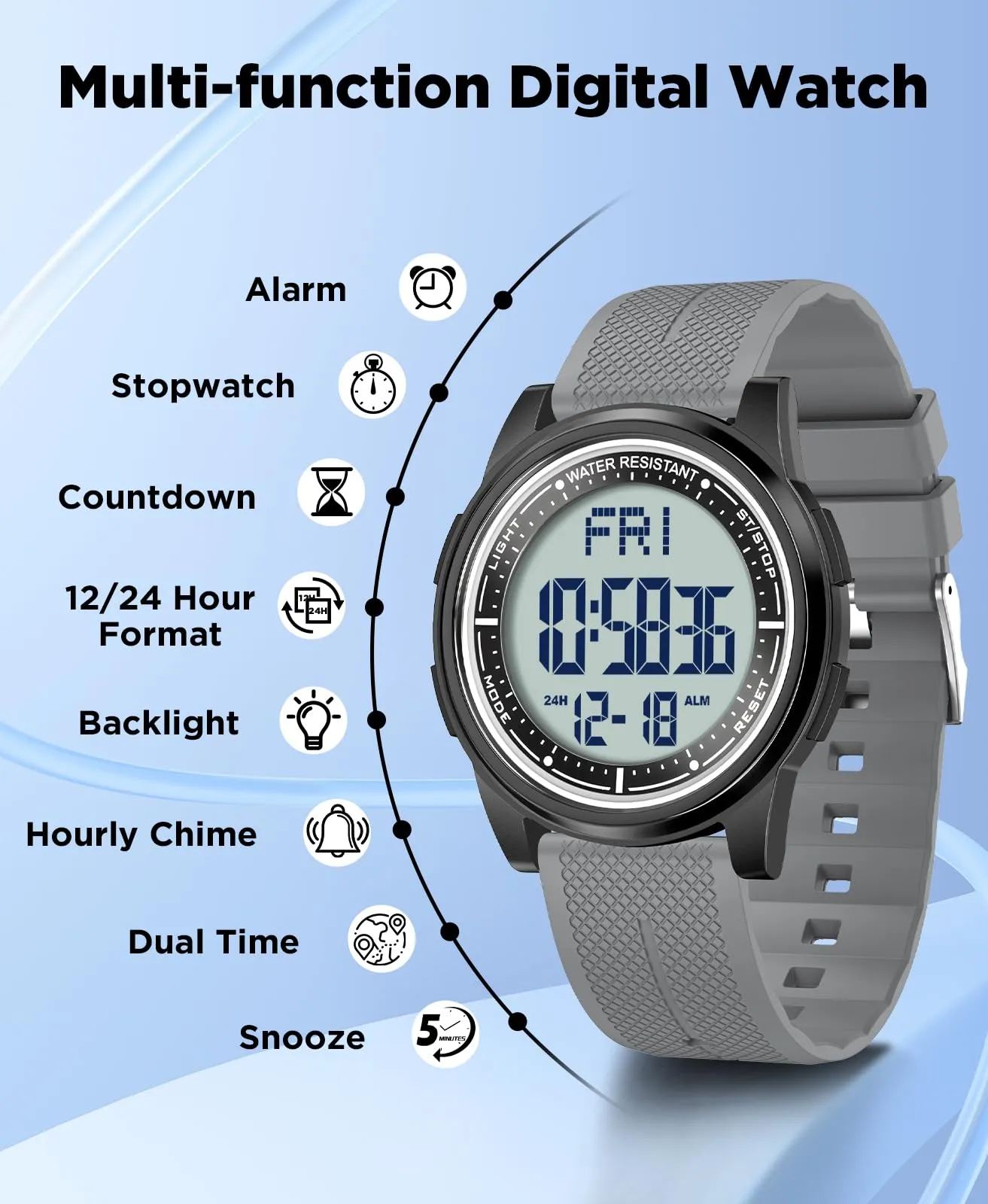 WIFORT Orologio Digitale da Uomo Impermeabile 5 ATM AW02 Sport Militare con Cronometro e Doppio Fuso Orario - immagine 2