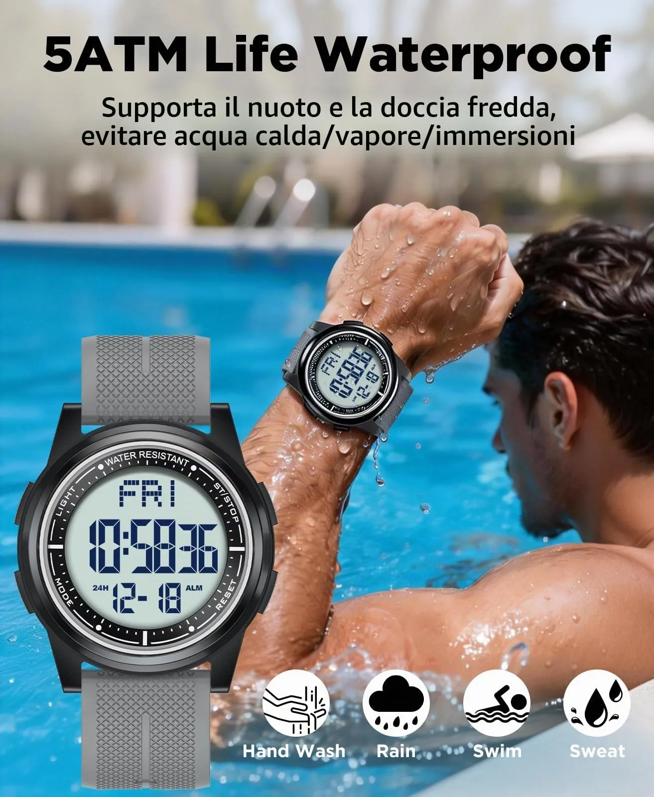 WIFORT Orologio Digitale da Uomo Impermeabile 5 ATM AW02 Sport Militare con Cronometro e Doppio Fuso Orario - immagine 3