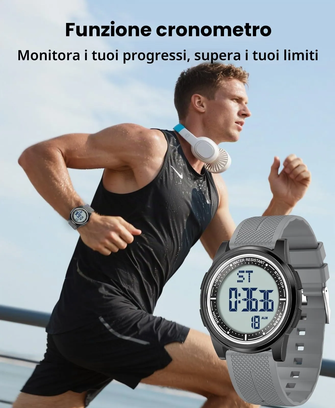 WIFORT Orologio Digitale da Uomo Impermeabile 5 ATM AW02 Sport Militare con Cronometro e Doppio Fuso Orario - immagine 5