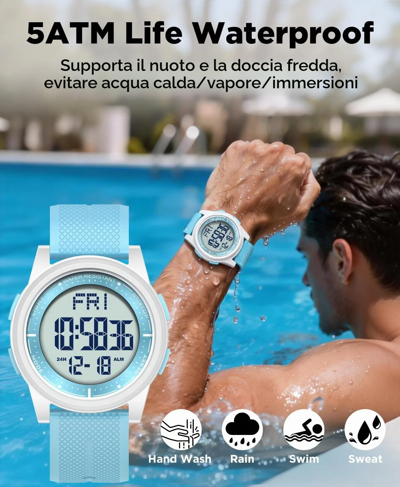 WIFORT Orologio Digitale Sportivo Impermeabile AW02 con Cronometro e Allarme - immagine 3