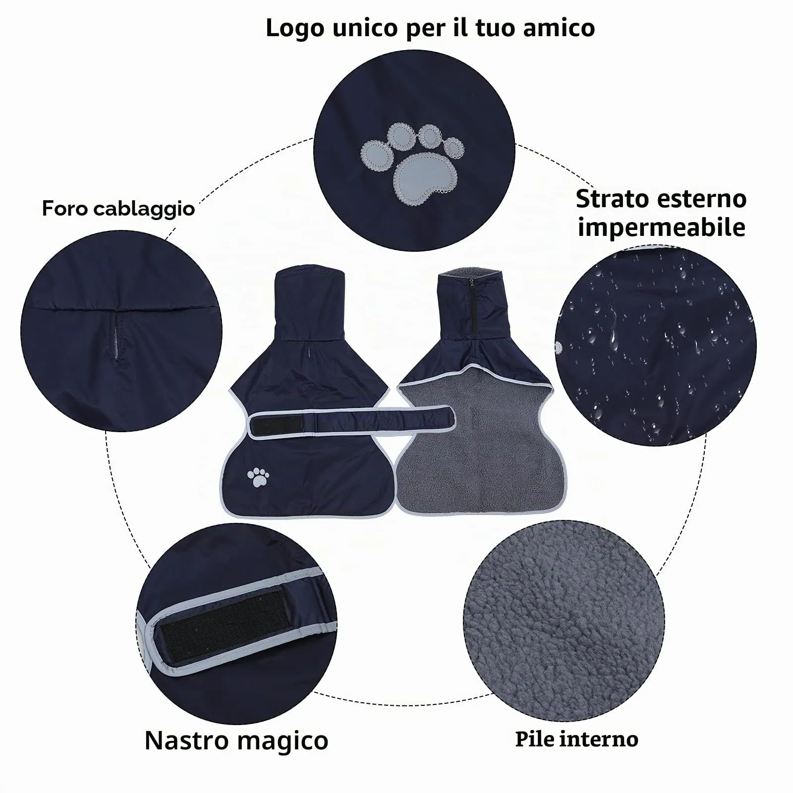 Geyecete Cappotto Invernale Impermeabile per Levriero con Fodera in Pile e Foro per Imbracatura, Blu Marino, XL - immagine 2