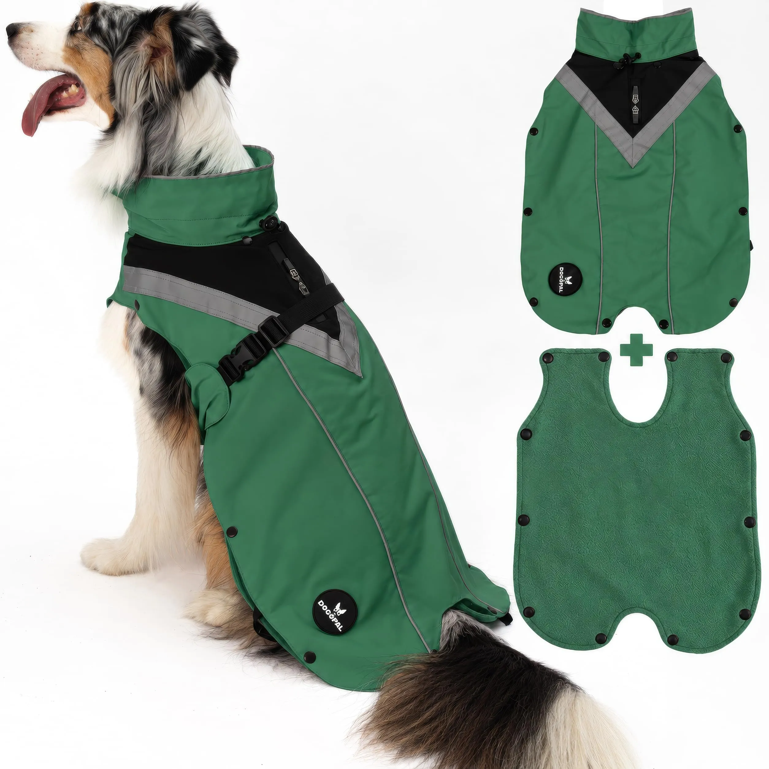 DOGOPAL Cappotto impermeabile per cani 2 in 1 con pile rimovibile, verde, L - immagine 1