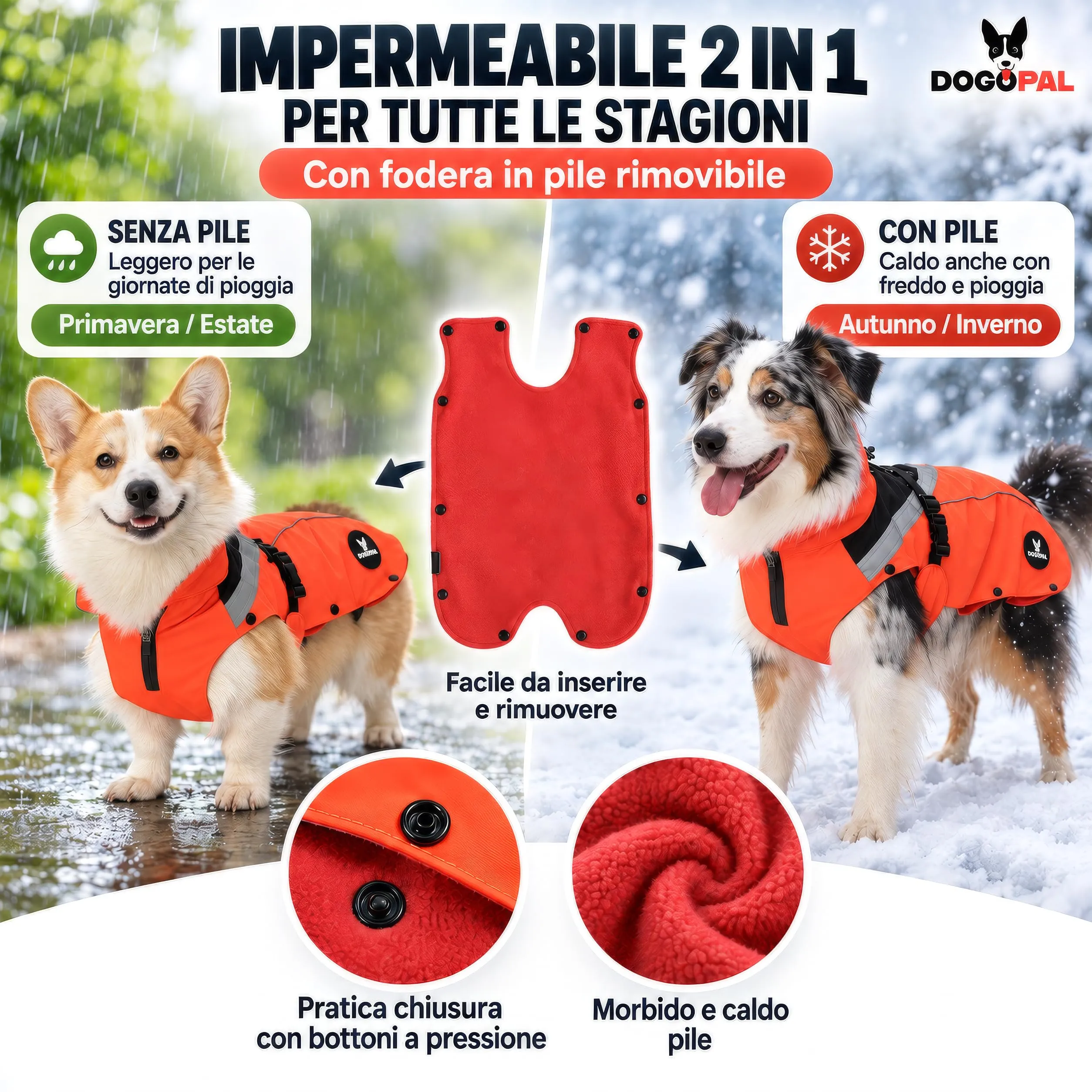 DOGOPAL Cappotto Impermeabile per Cani 2in1 All Weather con Fodera in Pile Rimovibile e Dettagli Riflettenti (Arancione, XL) - immagine 2