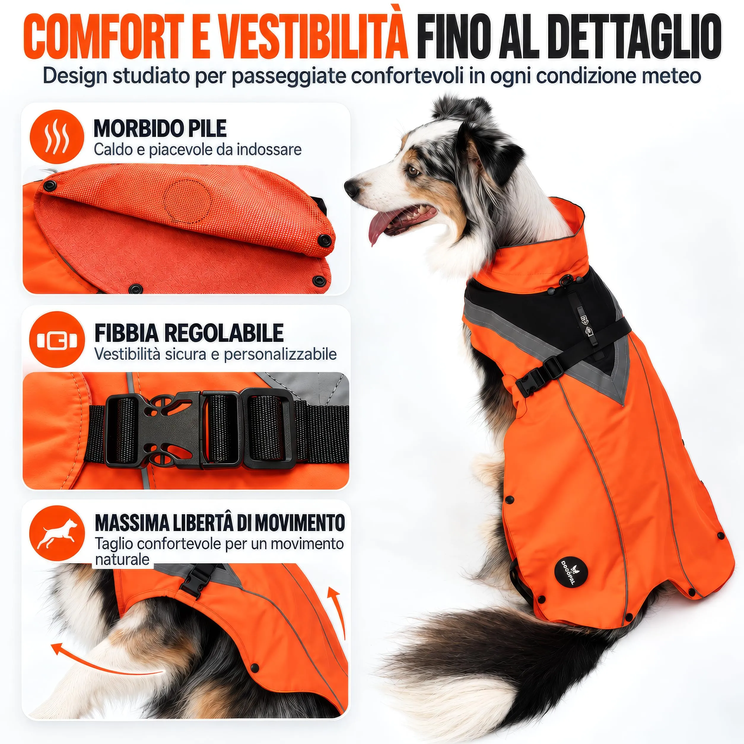 DOGOPAL Cappotto Impermeabile per Cani 2in1 All Weather con Fodera in Pile Rimovibile e Dettagli Riflettenti (Arancione, XL) - immagine 8