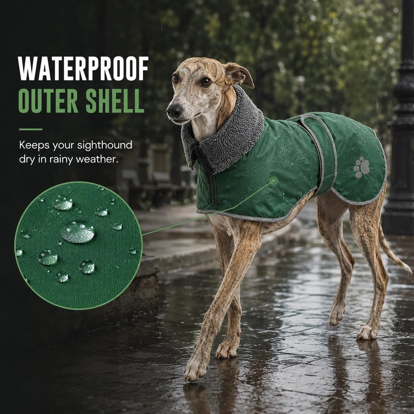 Geyecete Cappotto invernale per levrieri con fodera in peluche, verde, XL - immagine 3