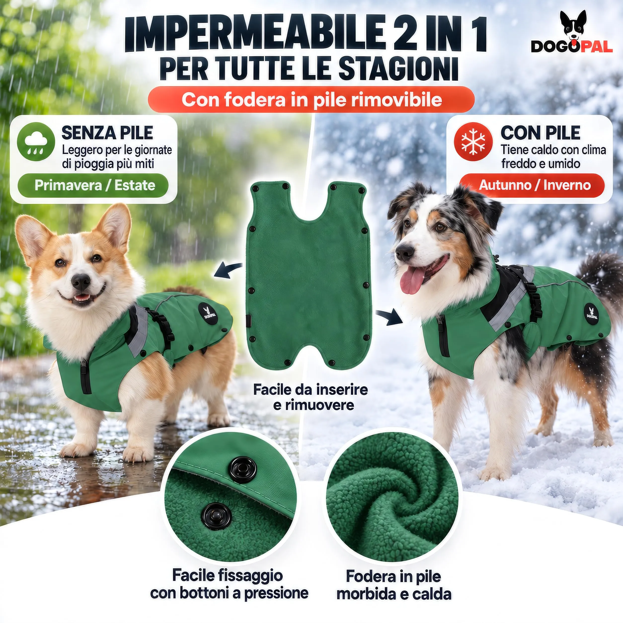 DOGOPAL Cappotto Impermeabile per Cani 2 in 1 con Pile Rimovibile, Verde, M - immagine 2