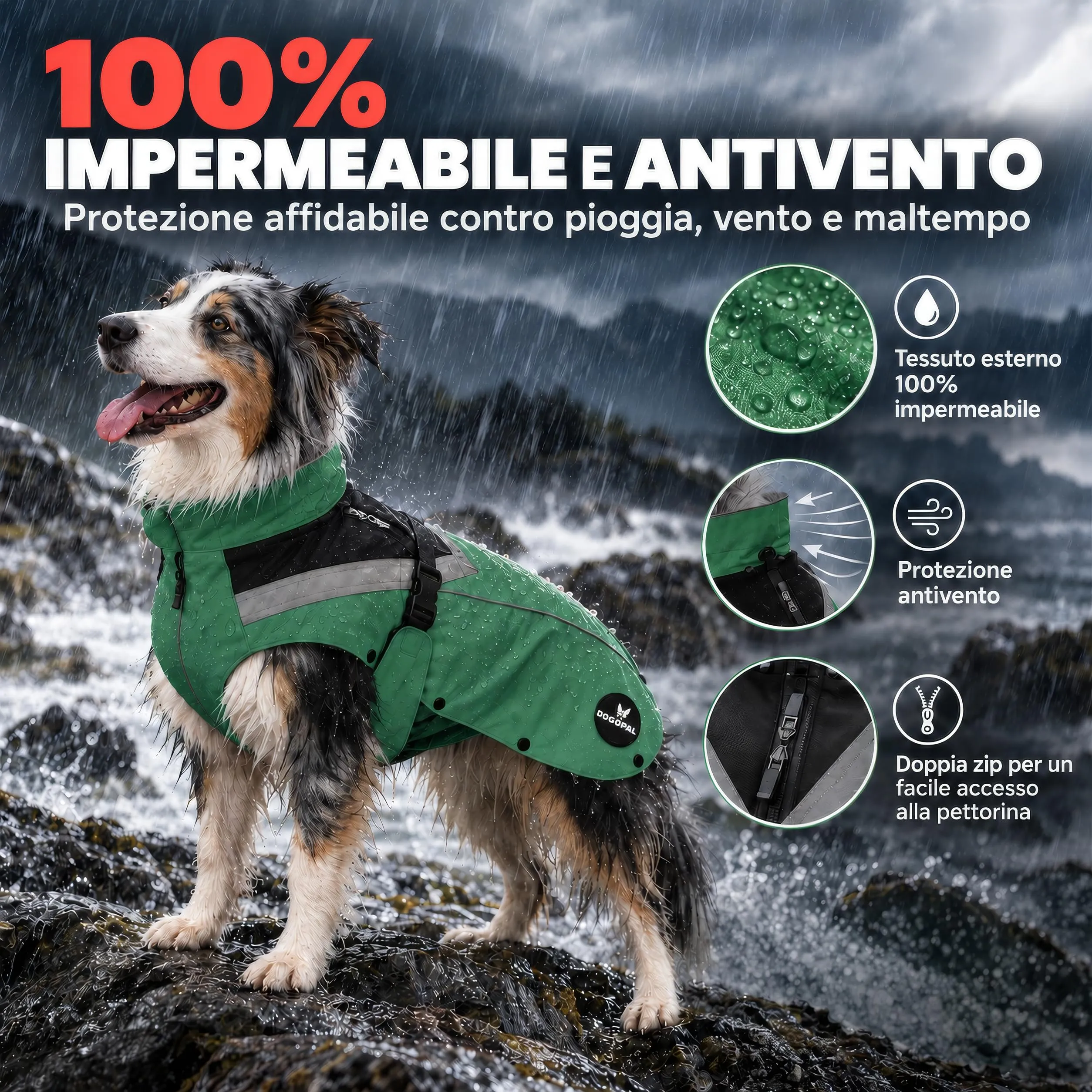 DOGOPAL Cappotto Impermeabile per Cani 2 in 1 con Pile Rimovibile, Verde, M - immagine 3