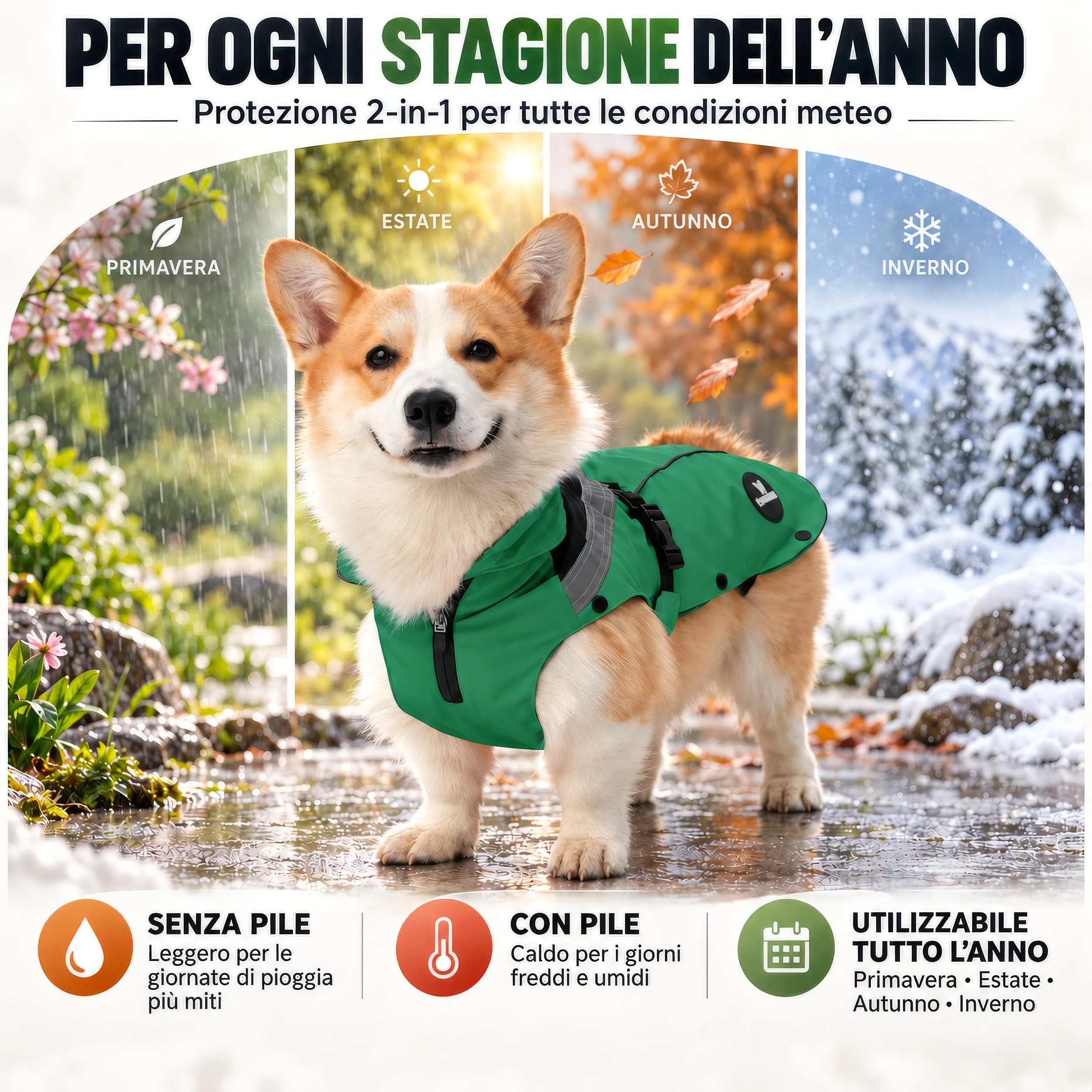 DOGOPAL Cappotto Impermeabile per Cani 2 in 1 con Pile Rimovibile, Verde, M - immagine 7
