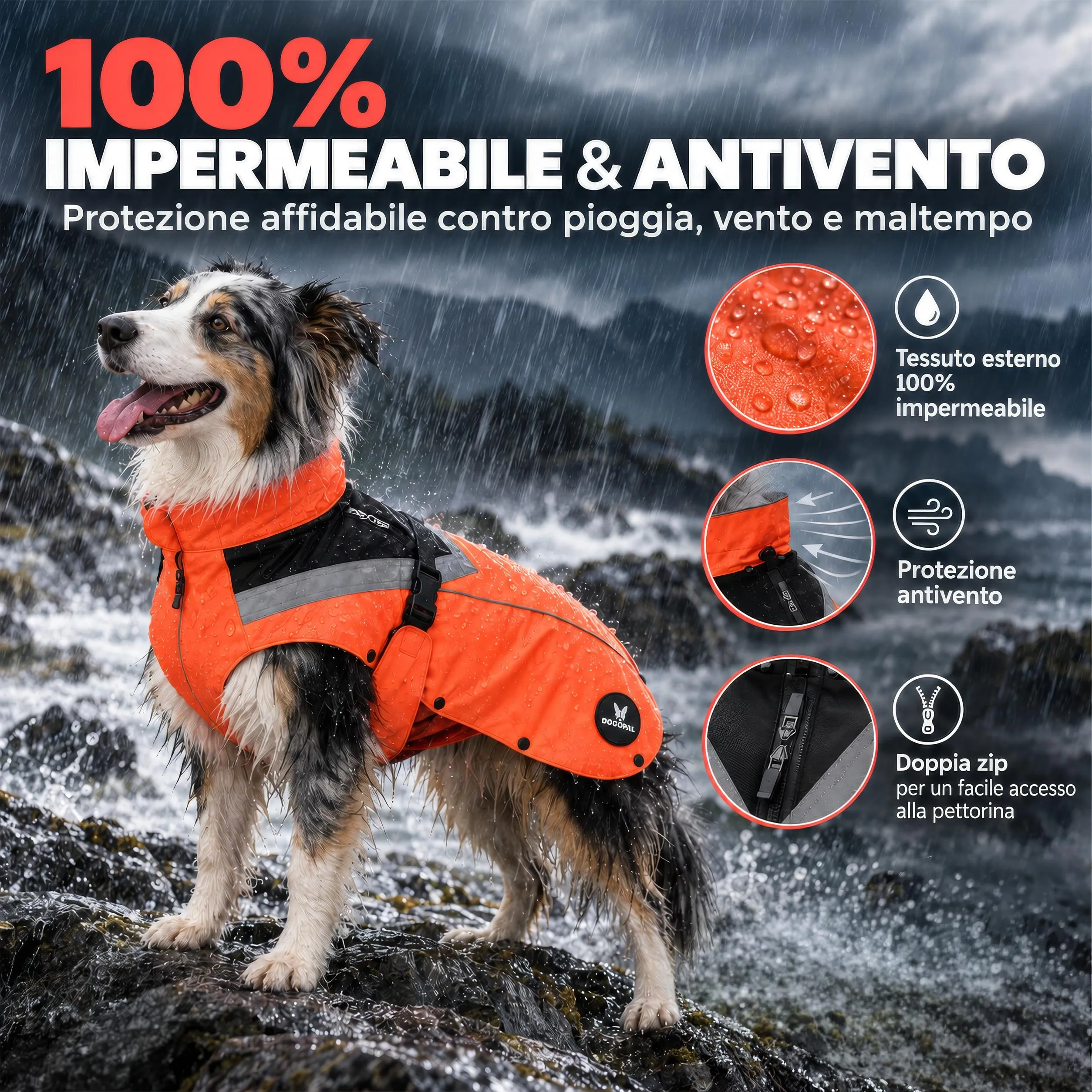 DOGOPAL Cappotto Impermeabile per Cani 2in1 All Weather con Fodera in Pile Rimovibile e Dettagli Riflettenti (Arancione, 2XL) - immagine 3