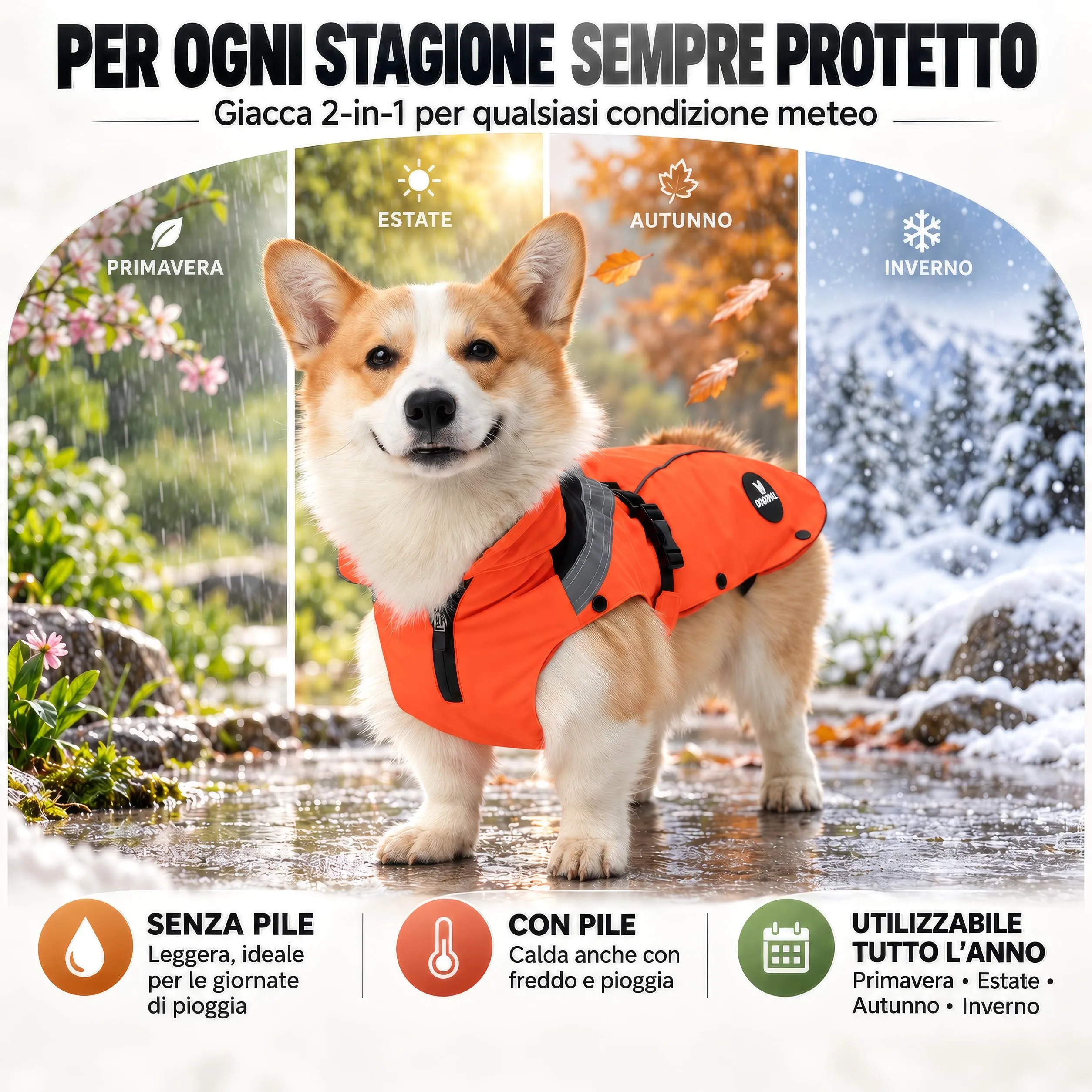 DOGOPAL Cappotto Impermeabile per Cani 2in1 All Weather con Fodera in Pile Rimovibile e Dettagli Riflettenti (Arancione, 2XL) - immagine 7