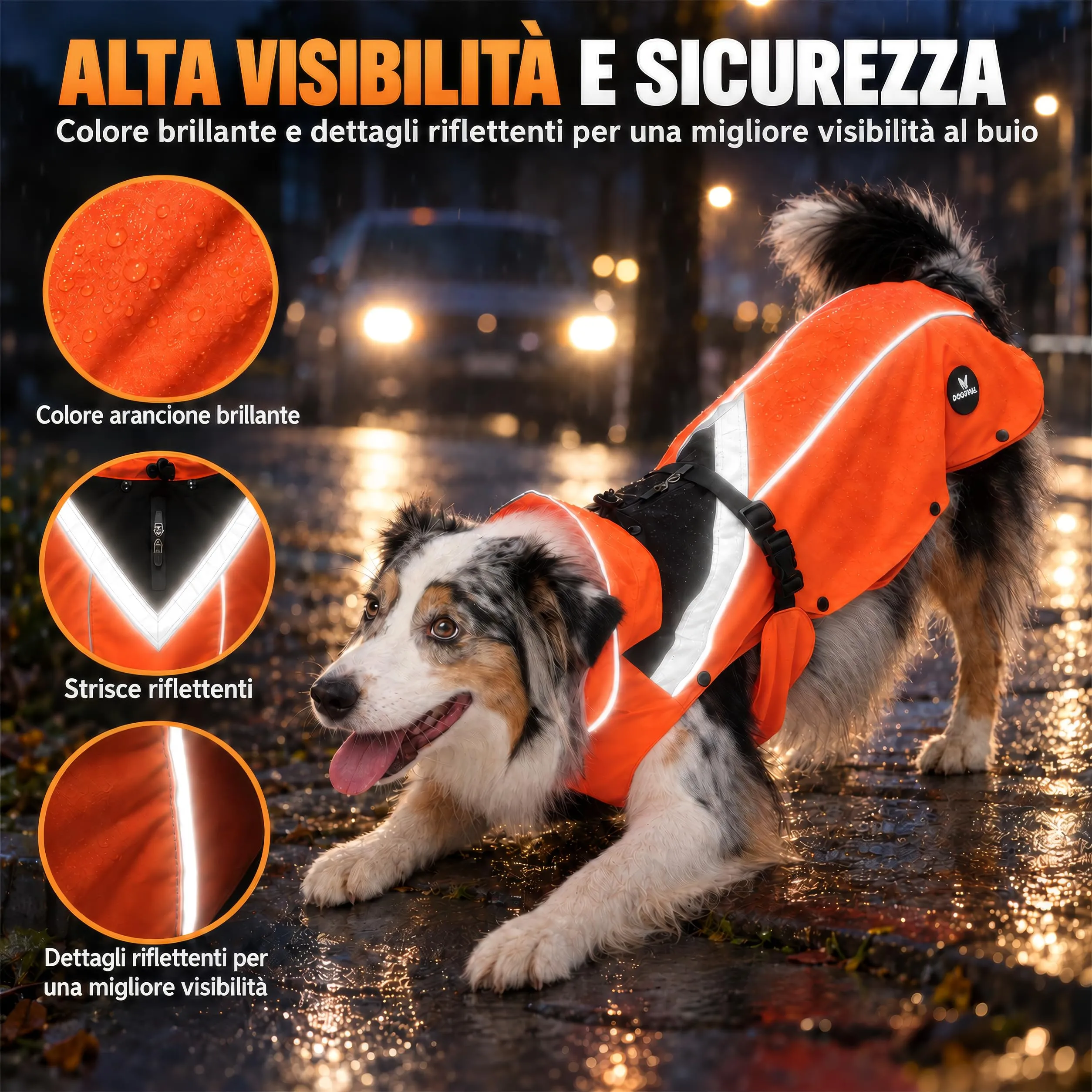 DOGOPAL Cappotto Impermeabile per Cani 2in1 All Weather con Fodera in Pile Rimovibile e Dettagli Riflettenti, Arancione, S - immagine 4