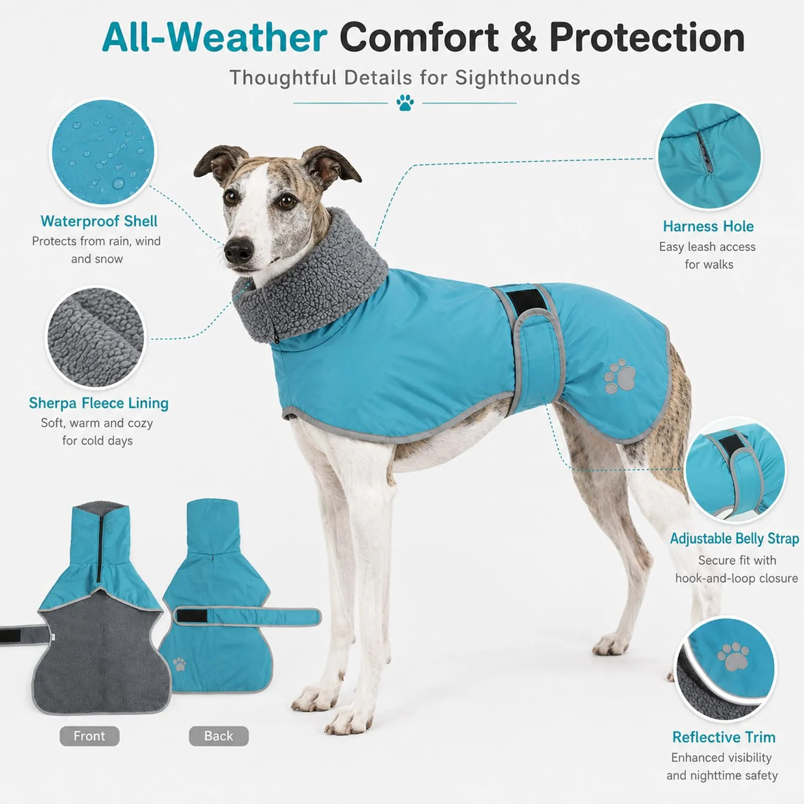 Geyecete Cappotto Invernale Impermeabile per Whippet, Blu Cielo, M - immagine 2