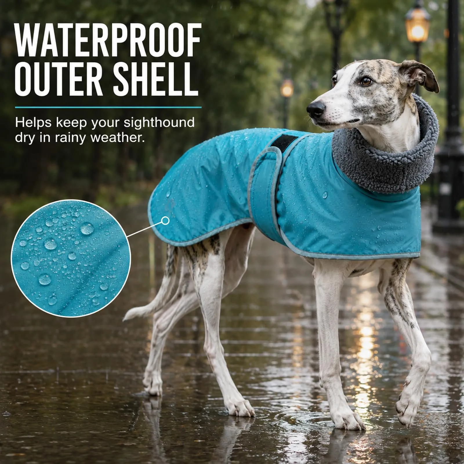Geyecete Cappotto Invernale Impermeabile per Whippet, Blu Cielo, M - immagine 3
