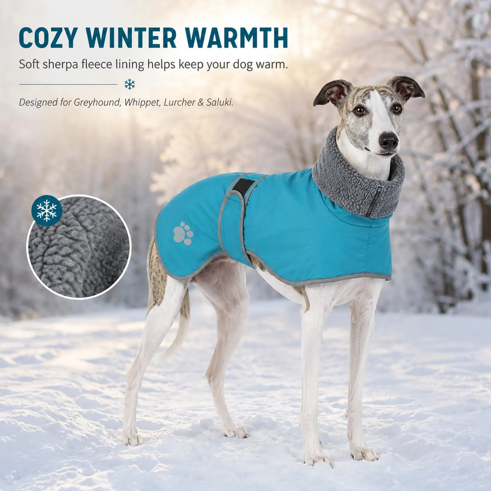 Geyecete Cappotto Invernale Impermeabile per Whippet, Blu Cielo, M - immagine 7