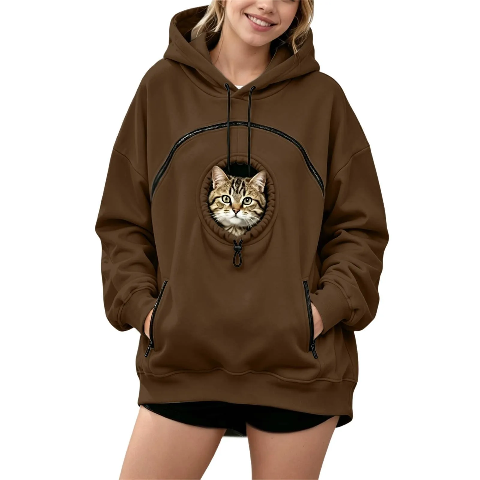 Generico Felpa con Cappuccio e Tasca Porta Gatto e Cane, Coffee, L - immagine 1