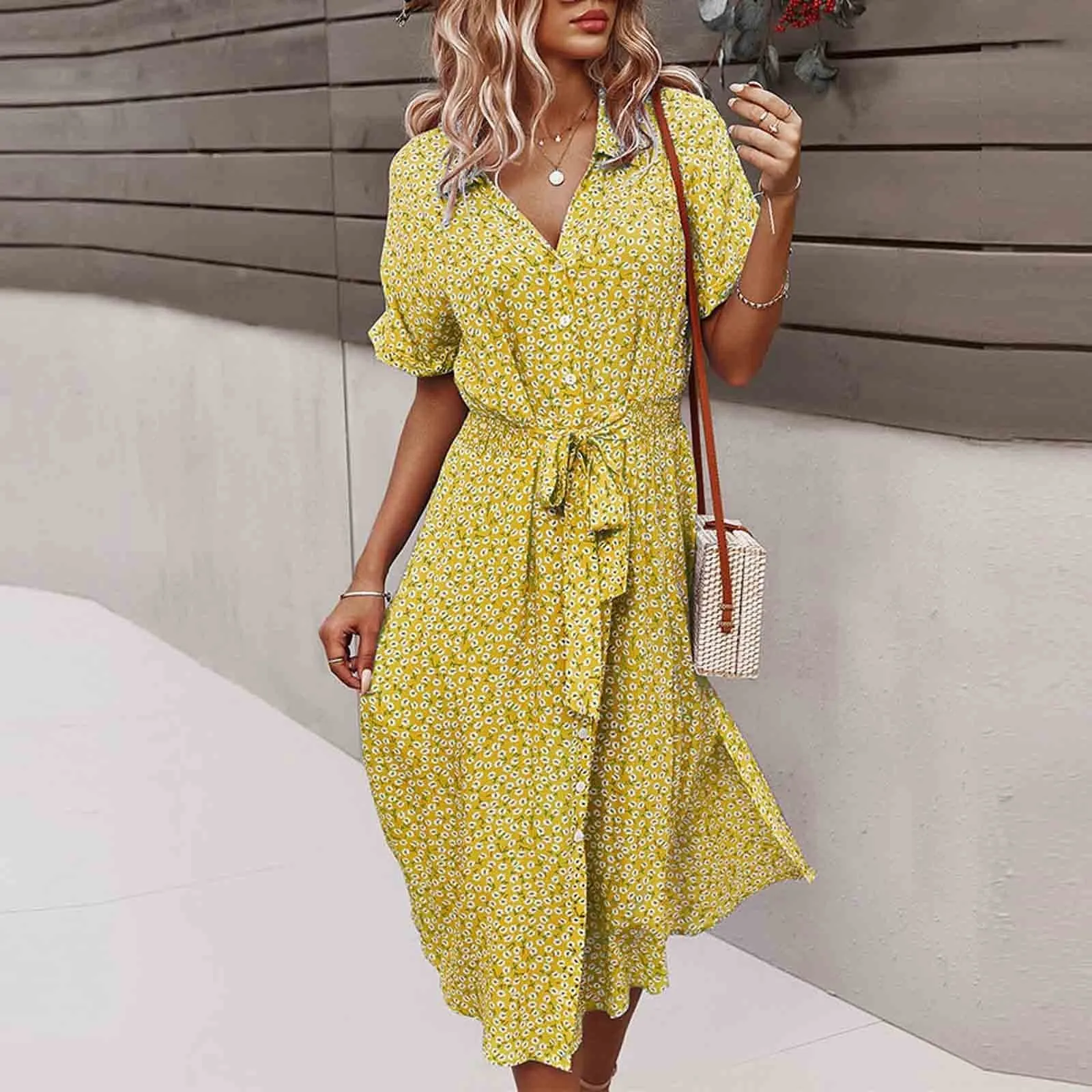 Abito estivo bohémien da donna a fiori giallo, scollo a V, maniche corte, con cintura, L - immagine 6