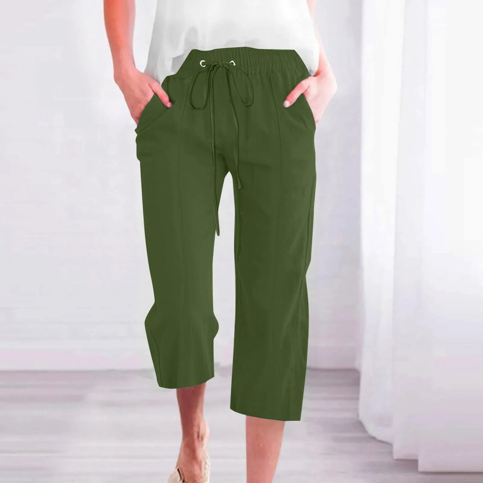 HEONSATI Pantaloni Pinocchietto Donna Estivi in Cotone e Lino 3/4 Capri Bermuda con Coulisse Regolabile - immagine 2