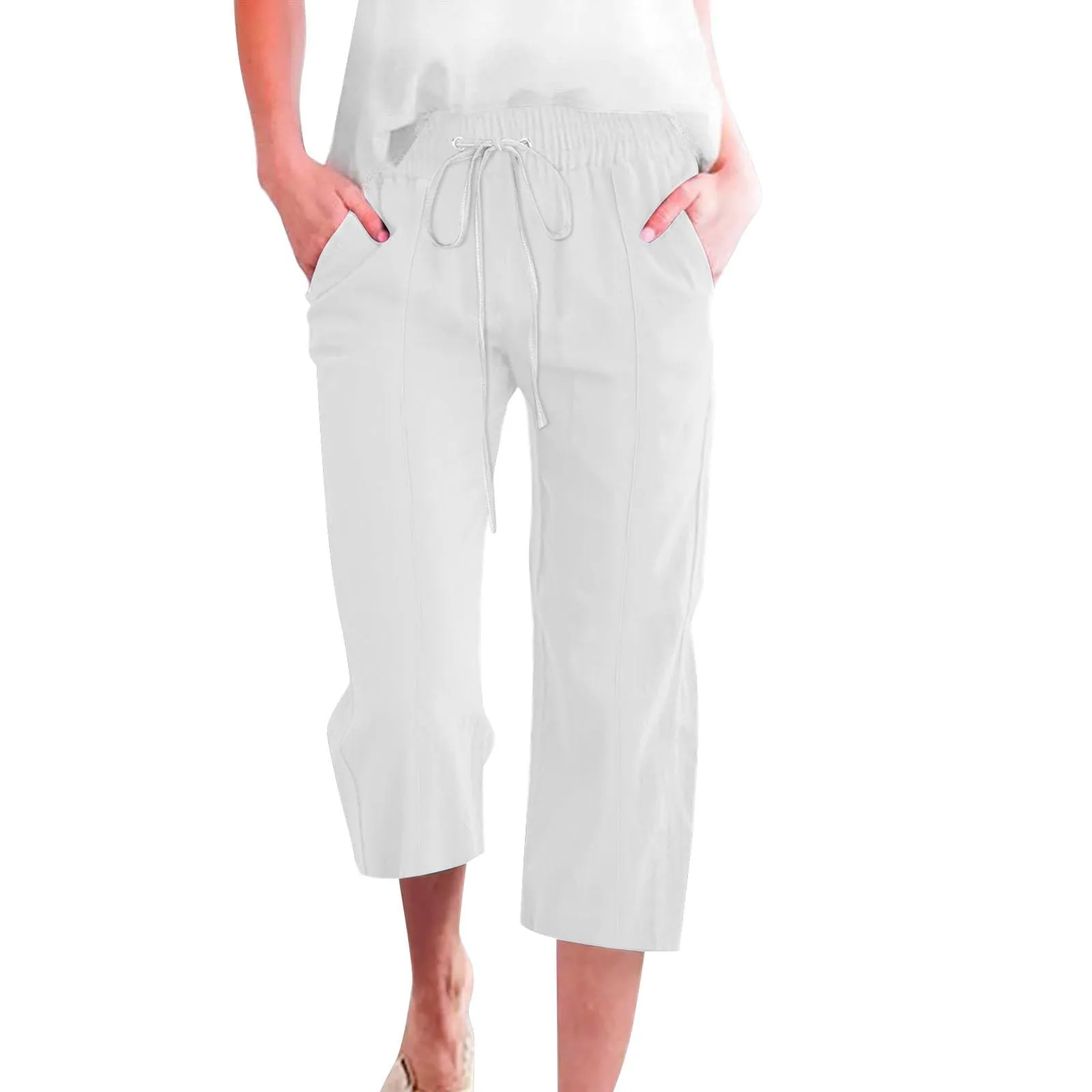 HEONSATI Donna Pantaloni Pinocchietto Estivi in Cotone e Lino Casual 3/4 Capri con Coulisse Regolabile - immagine 1