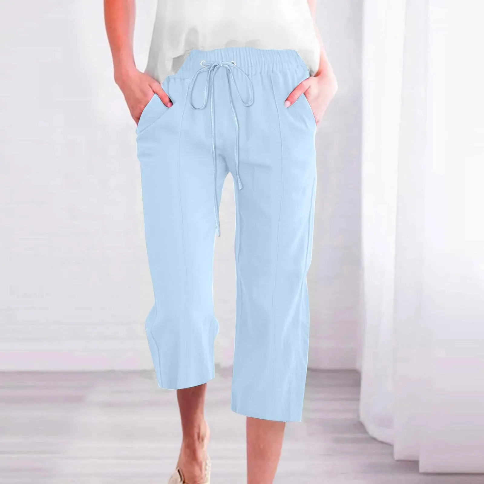 HEONSATI Donna Pantaloni Pinocchietto Estivi Casual in Cotone e Lino 3/4 Capri con Coulisse Regolabile - immagine 2