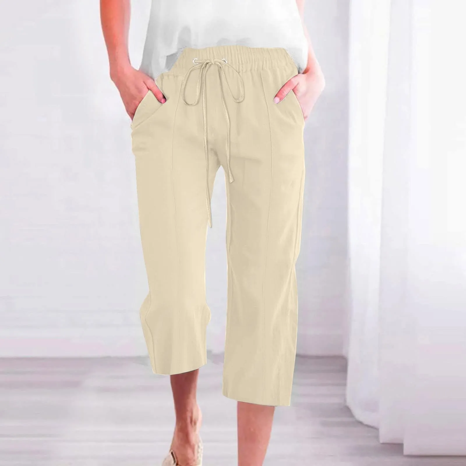 HEONSATI Donna Pinocchietto Pantaloni Estivi 3/4 in Cotone e Lino Casual Capri Bermuda Larghi con Coulisse Regolabile - immagine 2
