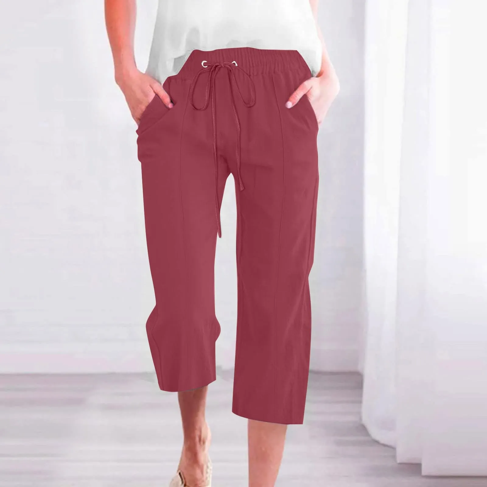 HEONSATI Pantaloni Pinocchietto Donna Estivi in Cotone e Lino Capri 3/4 Casual con Coulisse Regolabile - immagine 2