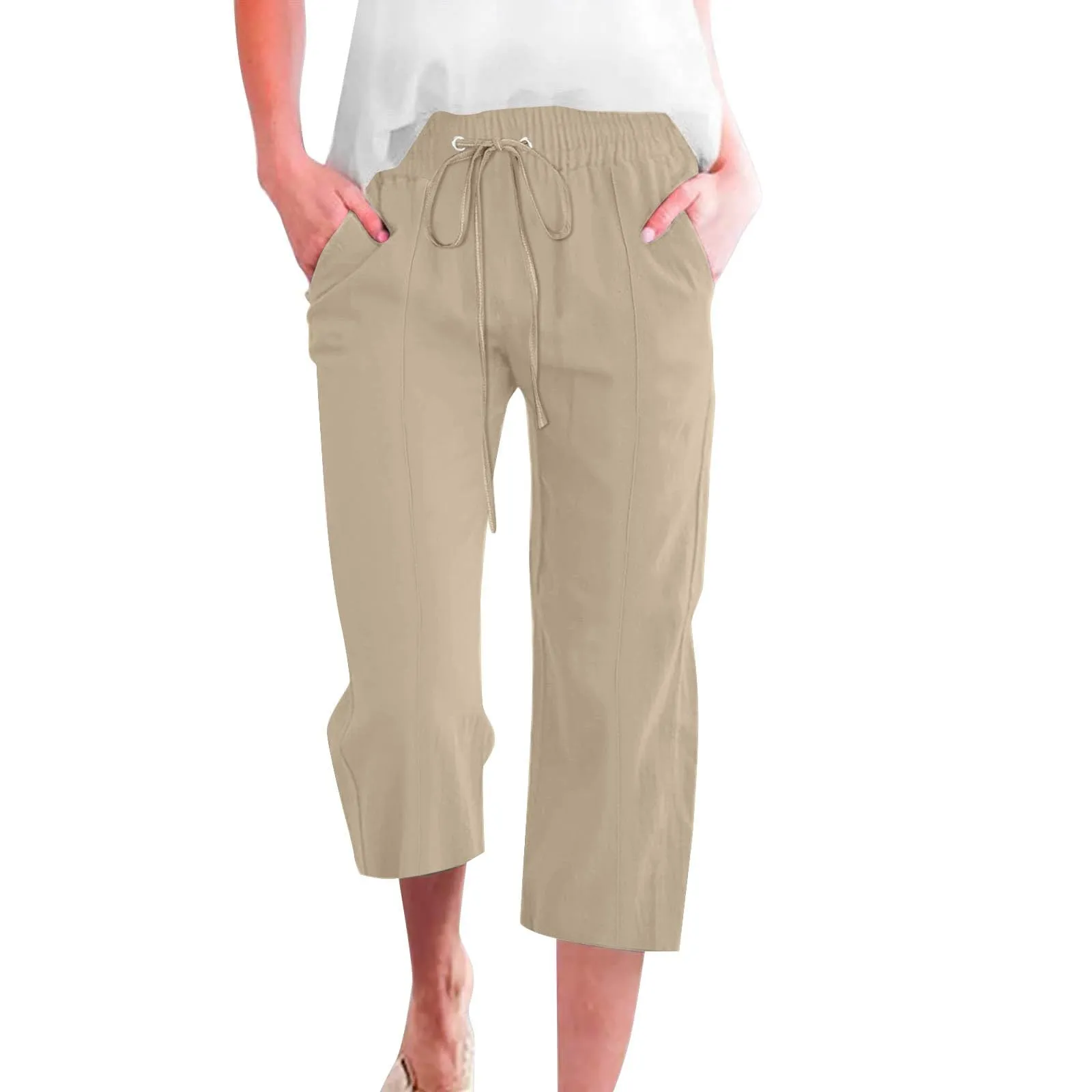 HEONSATI Donna Pantaloni Pinocchietto Estivi in Cotone e Lino 3/4 Capri Casual con Coulisse Regolabile - immagine 1