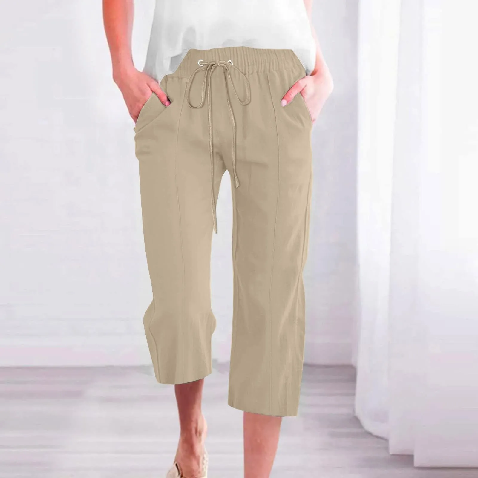 HEONSATI Donna Pantaloni Pinocchietto Estivi in Cotone e Lino 3/4 Capri Casual con Coulisse Regolabile - immagine 2