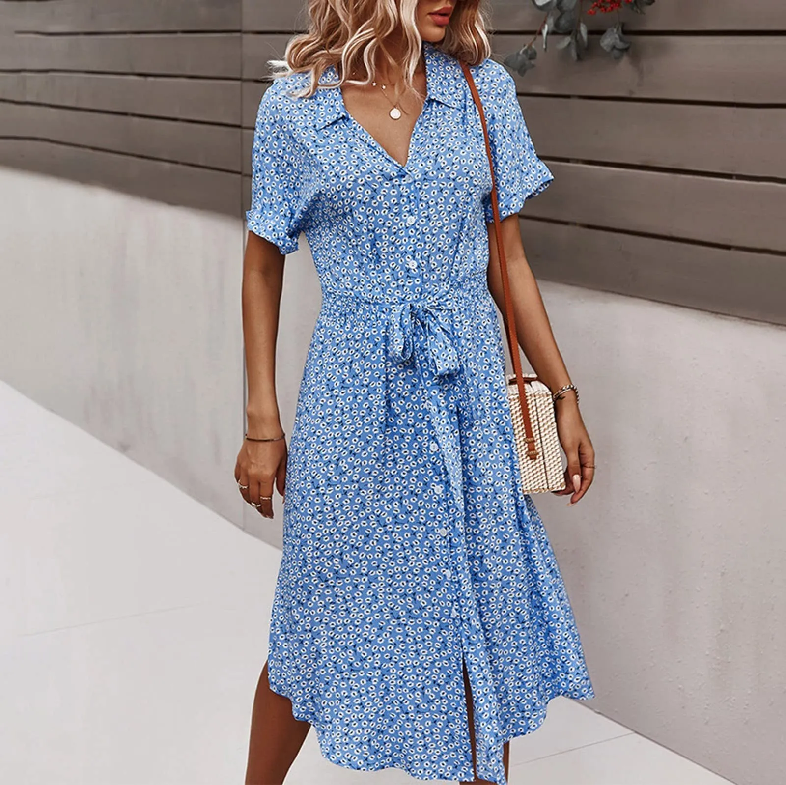 Abito Estivo Donna Bohémien a Fiori, Scollo a V, Maniche Corte con Cintura, Blu, XL - immagine 5