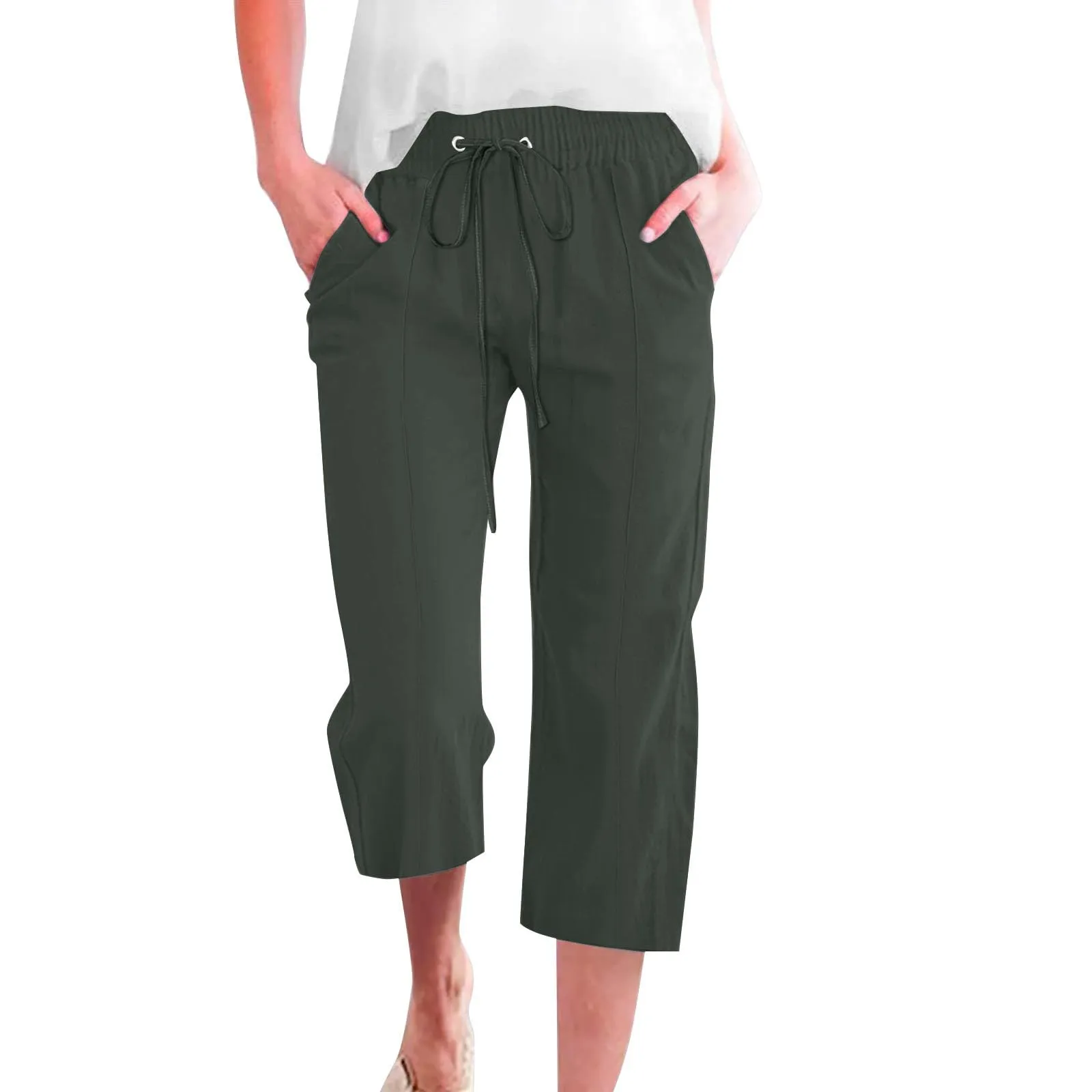 HEONSATI Donna Pantaloni Pinocchietto Estivi in Cotone e Lino Casual 3/4 Capri Bermuda con Coulisse Regolabile - immagine 1