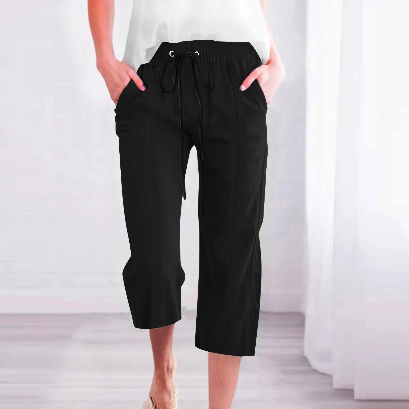 HEONSATI Donna Pantaloni Pinocchietto 3/4 Casual in Cotone e Lino - immagine 2
