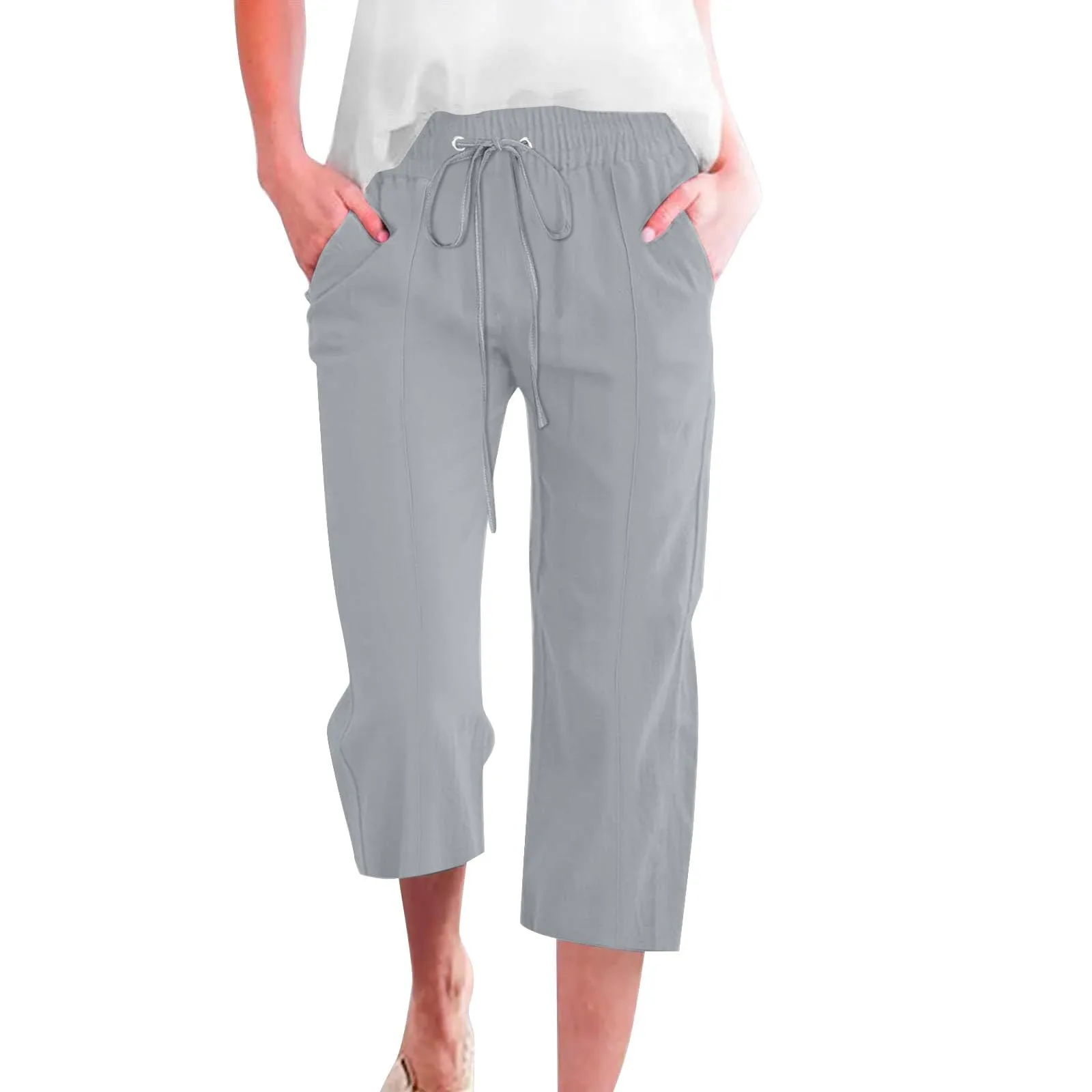 HEONSATI Donna Pantaloni Pinocchietto Estivi in Cotone e Lino 3/4 Casual Capri con Coulisse Regolabile - immagine 1