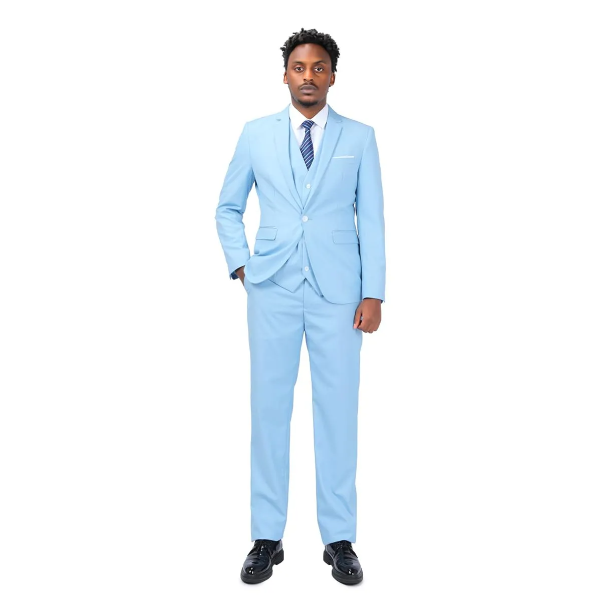 YOUTHUP Abito Uomo 3 Pezzi Slim Fit Blazer Panciotto Pantaloni Azzurro XL - immagine 7