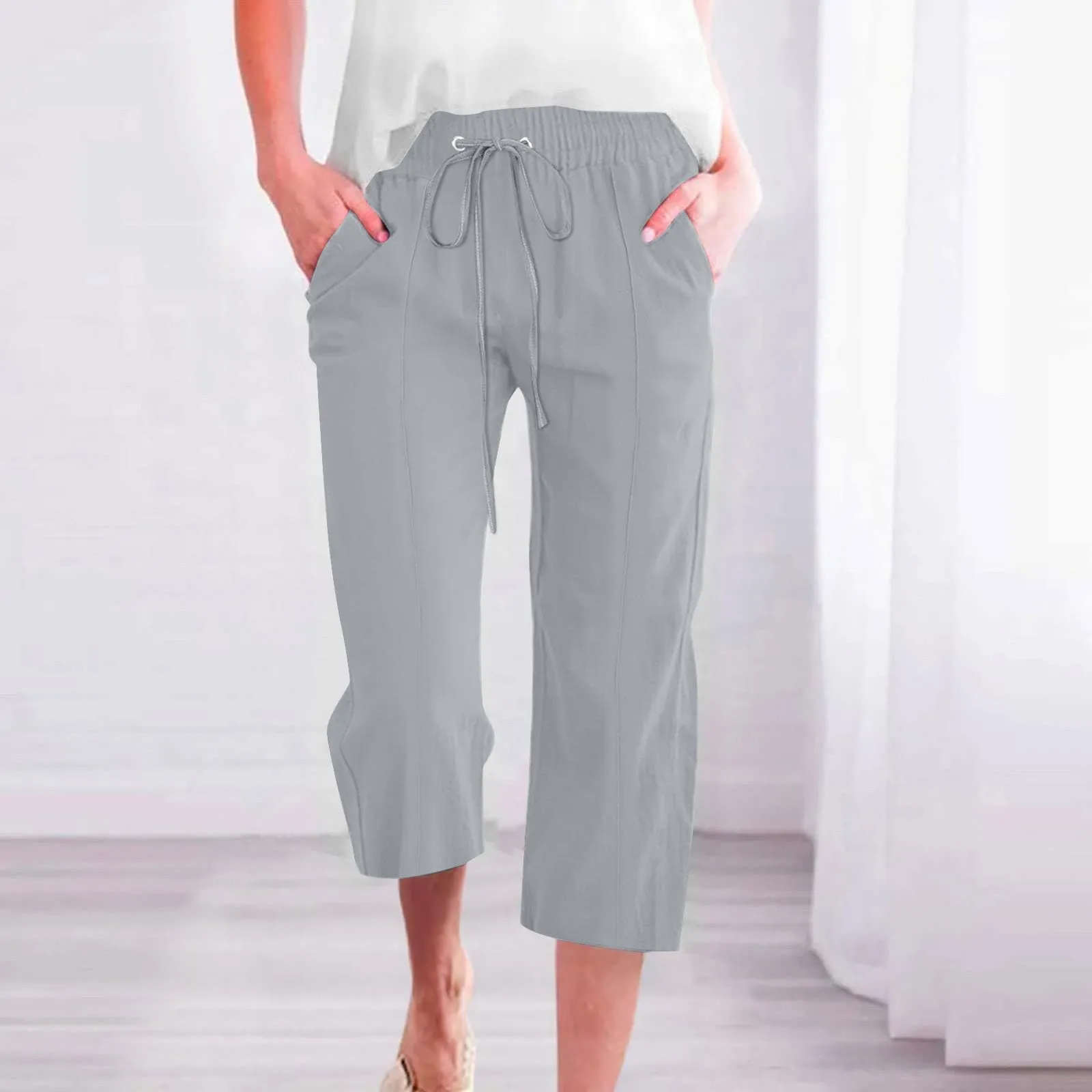 HEONSATI Pantaloni Pinocchietto Donna Sportivi Estivi in Cotone e Lino, Capri Bermuda Larghi con Coulisse Regolabile - immagine 2