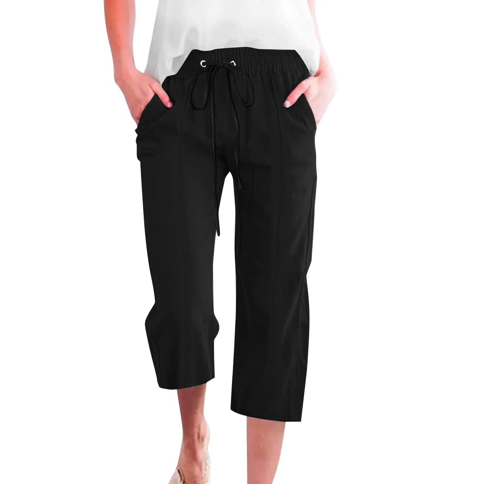HEONSATI Donna Pantaloni Pinocchietto 3/4 in Cotone e Lino Casual Sportivi Nero - immagine 1