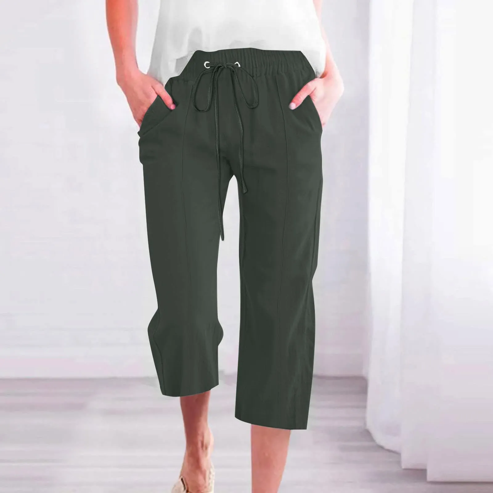 HEONSATI Donna Pantaloni Pinocchietto Estivi in Cotone e Lino 3/4 Casual Capri con Coulisse Regolabile - immagine 2