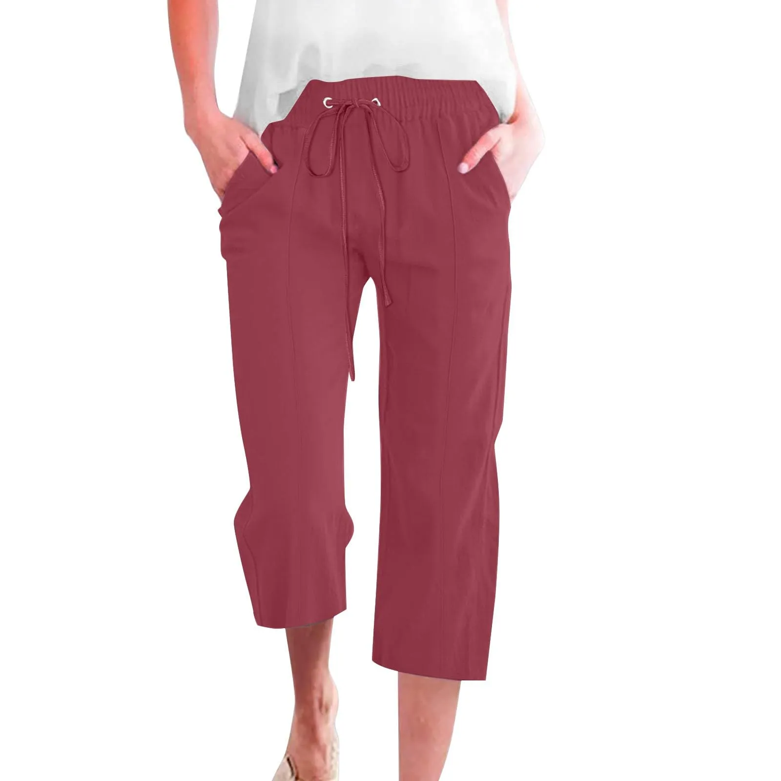 HEONSATI Donna Pantaloni Pinocchietto Estivi in Cotone e Lino Capri 3/4 Casual con Coulisse Regolabile - immagine 1