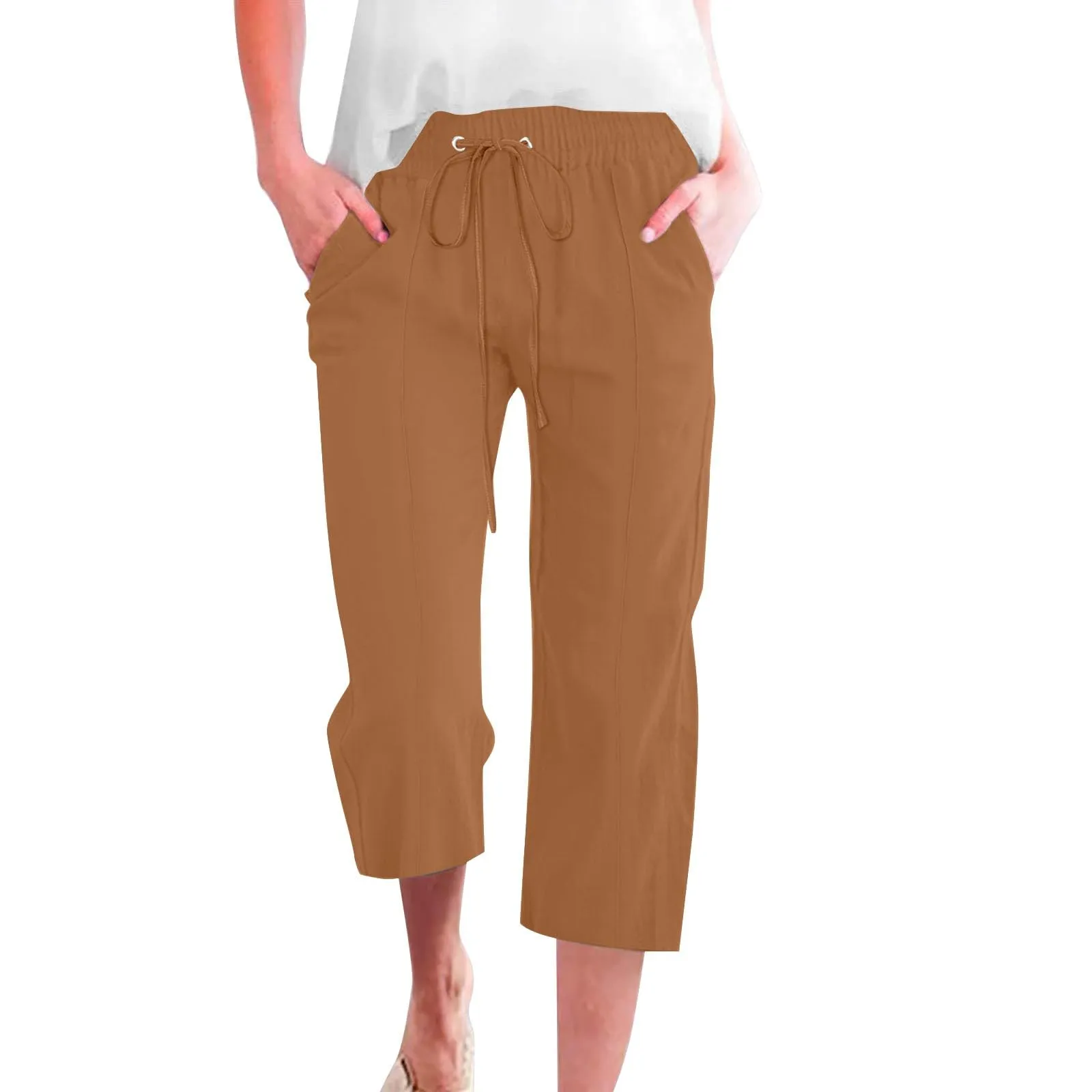 HEONSATI Donna Pantaloni Pinocchietto 3/4 Estivi Casual in Cotone e Lino - immagine 1